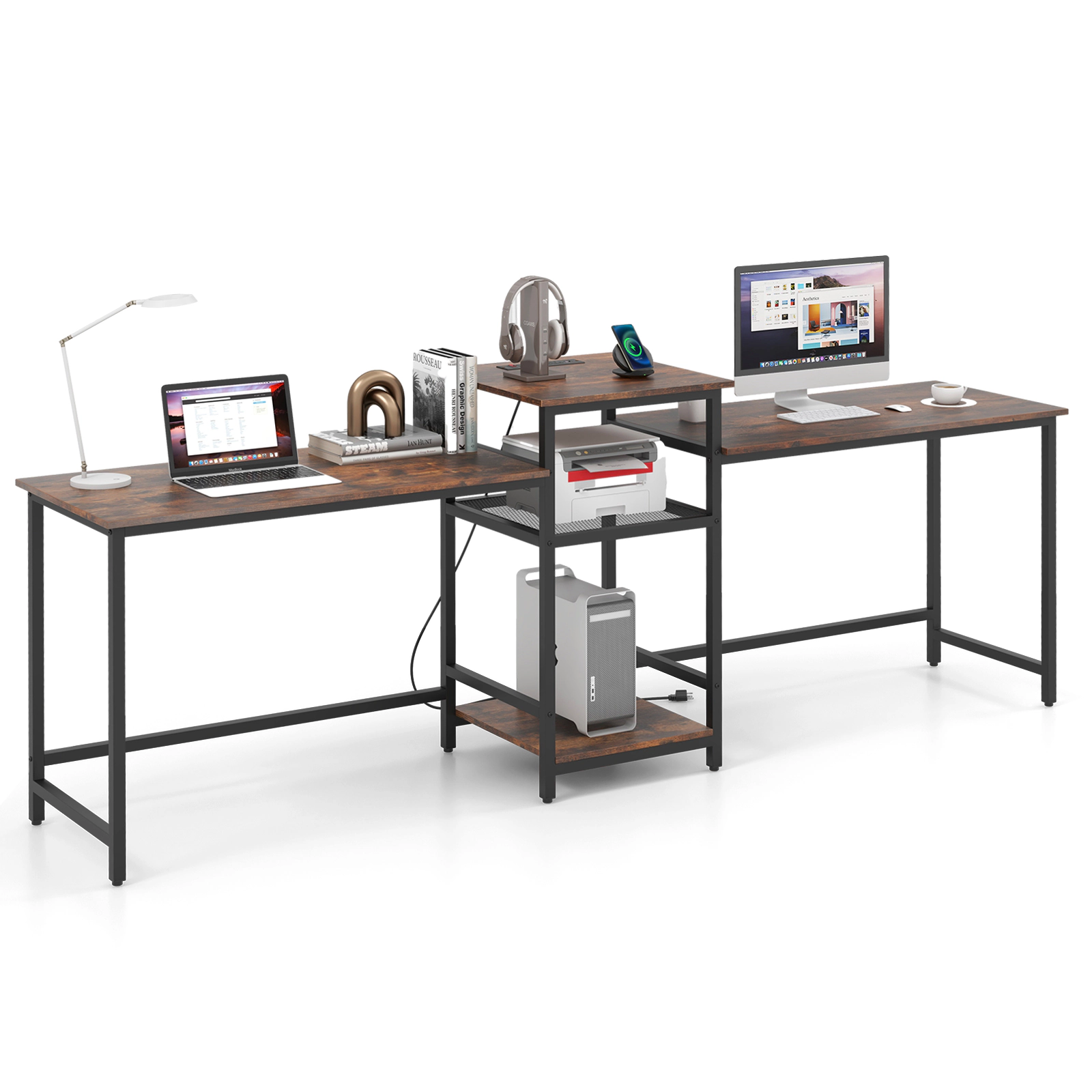 SUGIFT 2-Person Computer Desk with Power Outlet Printer Stand and Storage Shelves 160-lb Side Tables Rustic Brown Black
