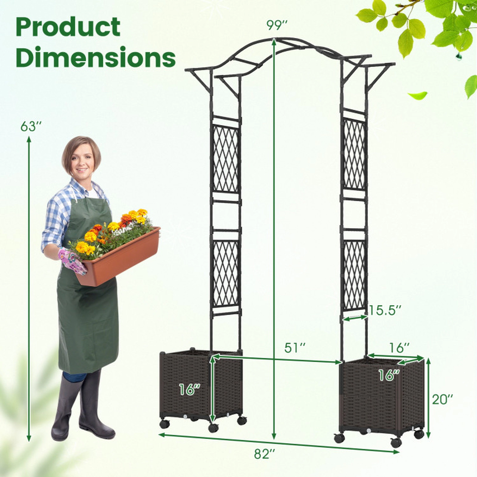 SUGIFT 82 x 99-in Black Metal Garden Arch Trellis with 2 Self-Watering Planter Boxes and Swivel Wheels