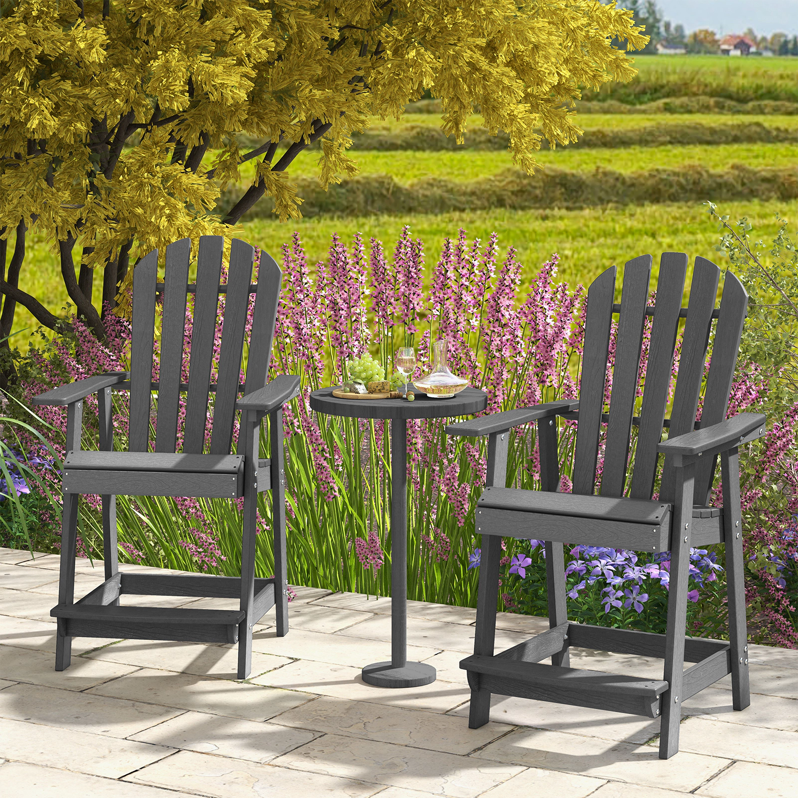 SUGIFT Gray HDPE Patio Bar Chair, 24.5-Inch Seat, Slatted Design, Arms and Footrest