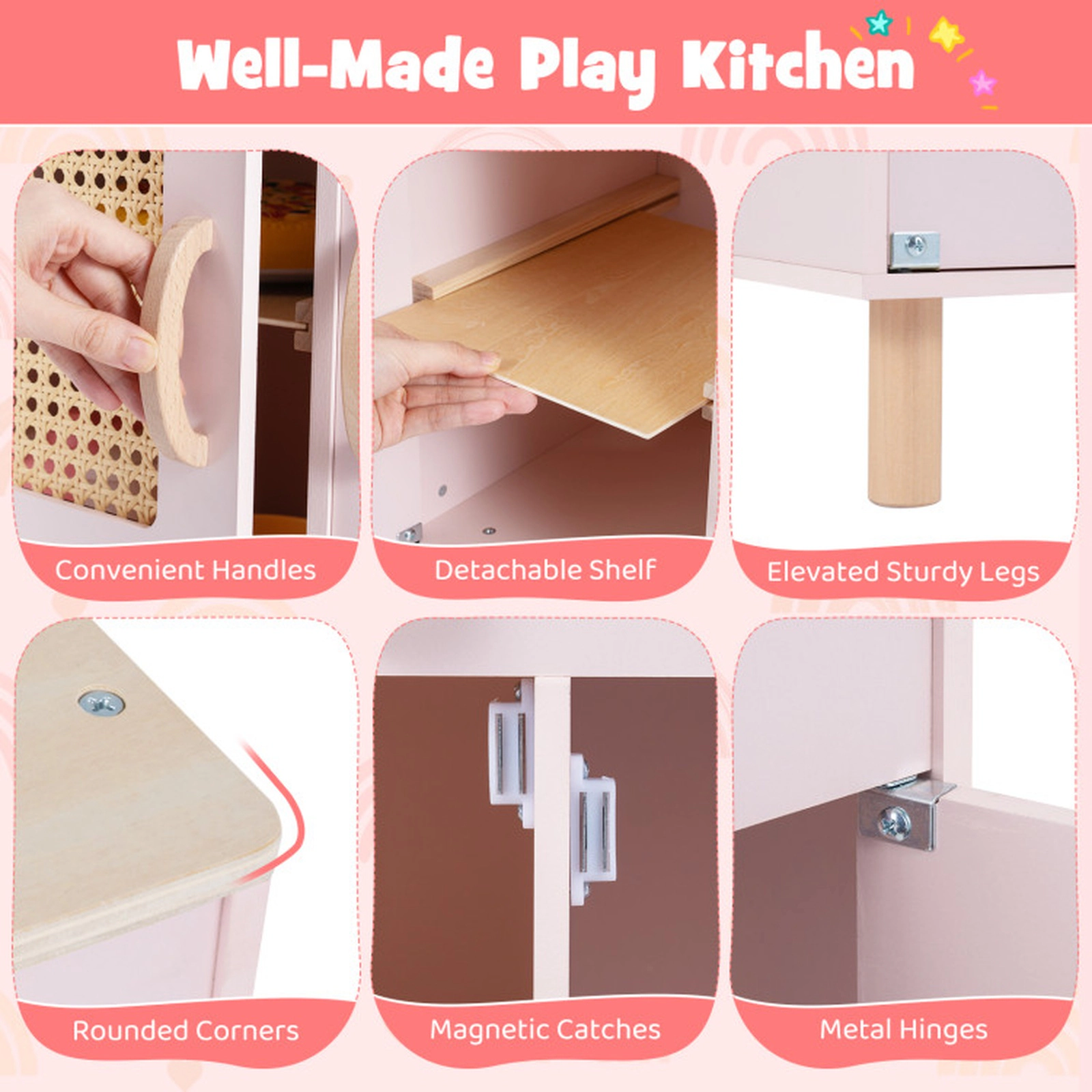 SUGIFT Pink Ice Maker Spice Rack and Cooking Accessories Kids Wooden Pretend Play Kitchen