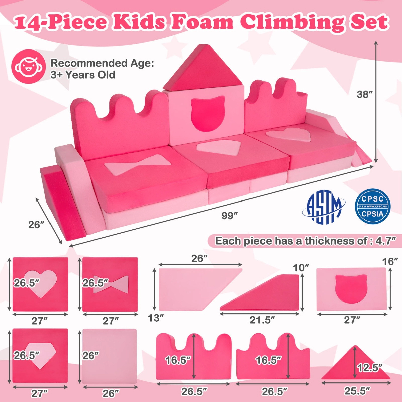 SUGIFT 14-Piece Kids Modular Foam Play Couch, Climbing Blocks, Soft Pink