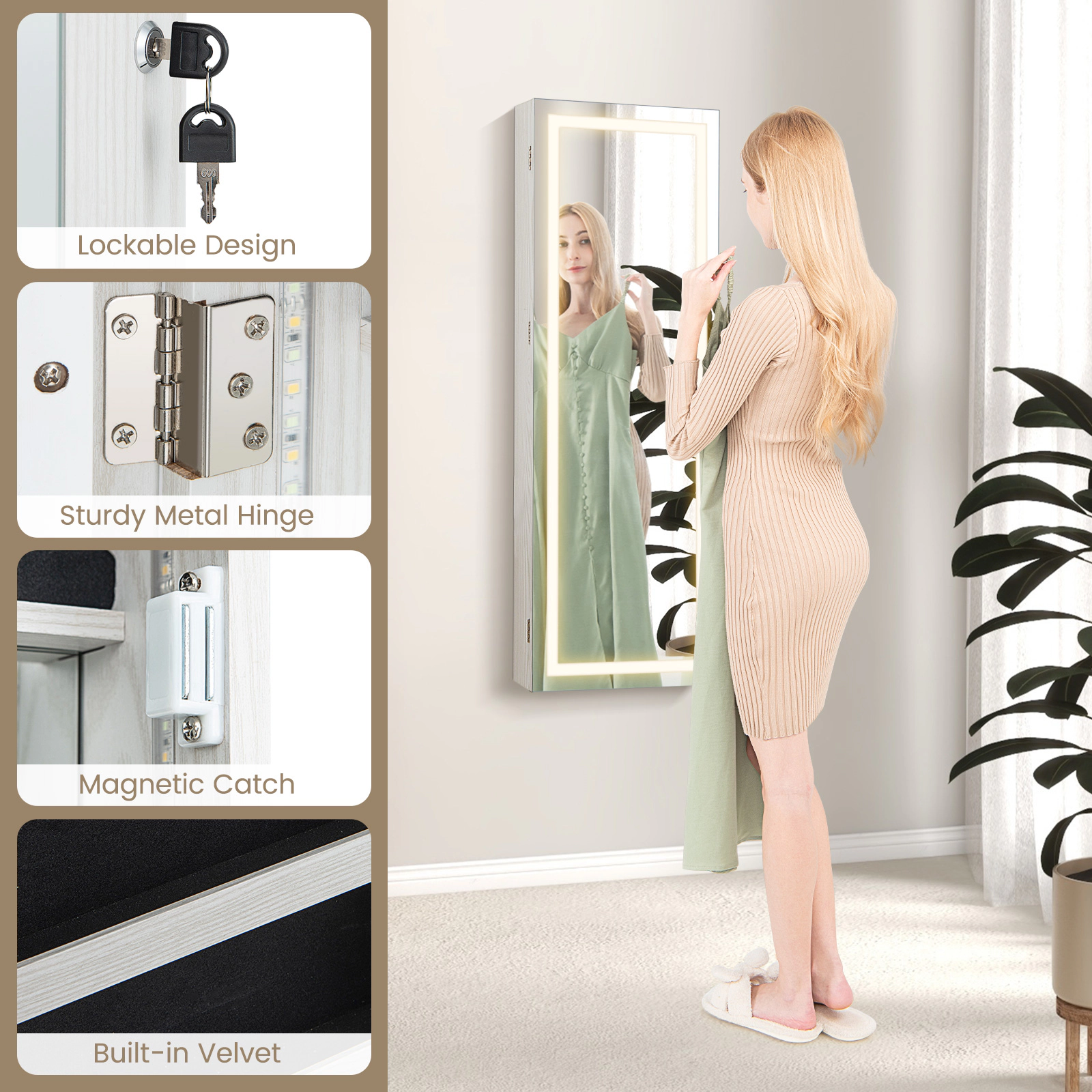 Hivvago Lockable Jewelry Mirror Cabinet with LED Lights