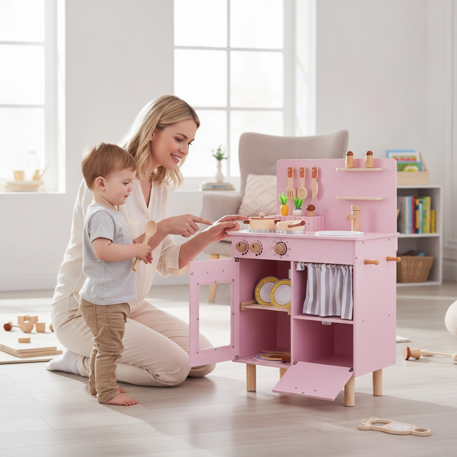 Wooden Play Kitchen for Toddlers with Clicking Stove Faucet Sink Dishwasher and Anti-Tip Design 20-in x 12-in x 32-in