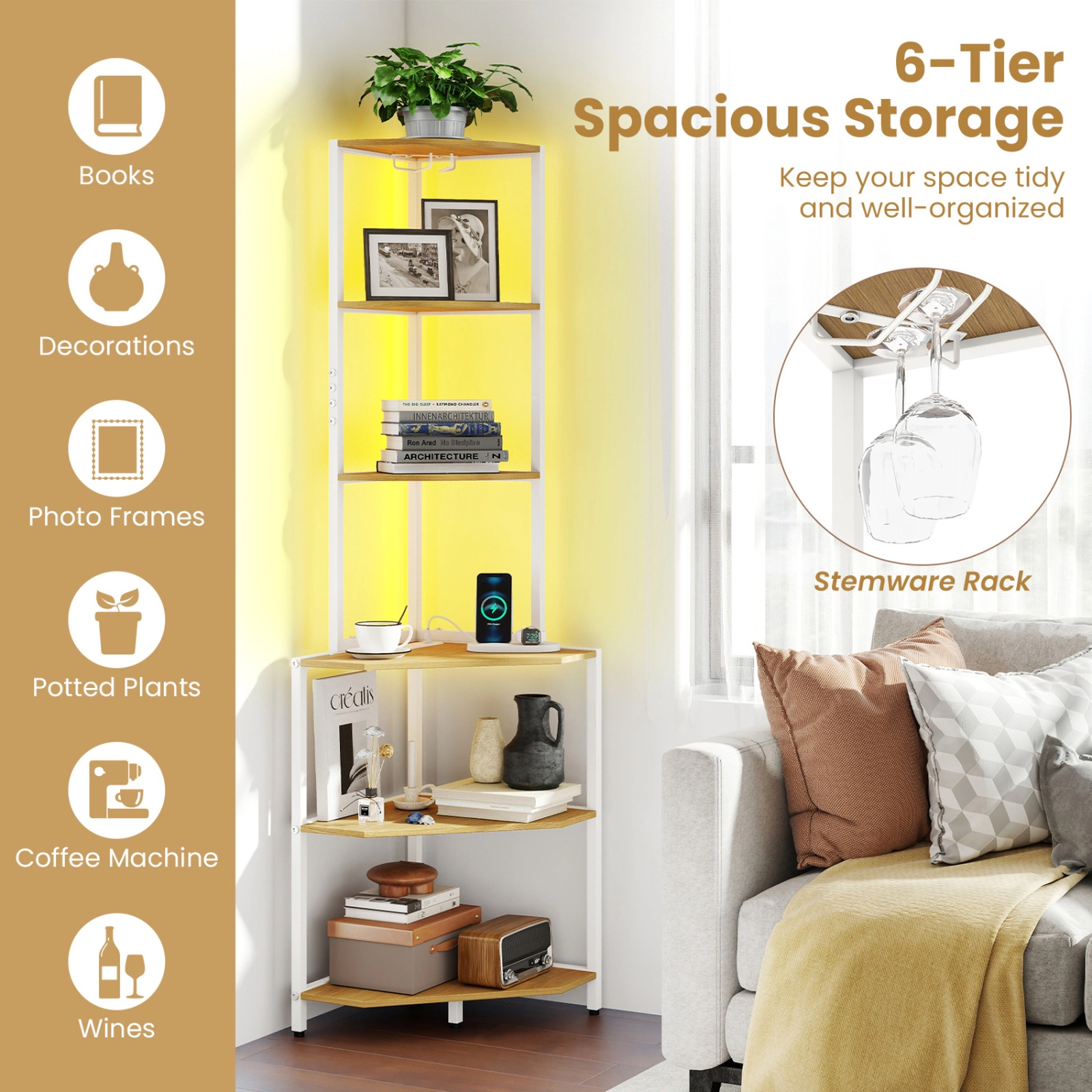 SUGIFT 6-Tier Natural 65-in Tall Corner Bookshelf with Charging Station LED Light and Stemware Rack