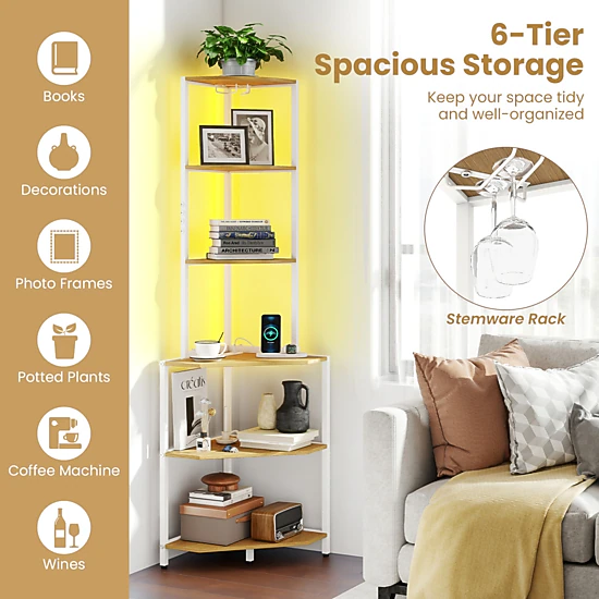 SUGIFT 6-Tier Natural 65-in Tall Corner Bookshelf with Charging Station LED Light and Stemware Rack
