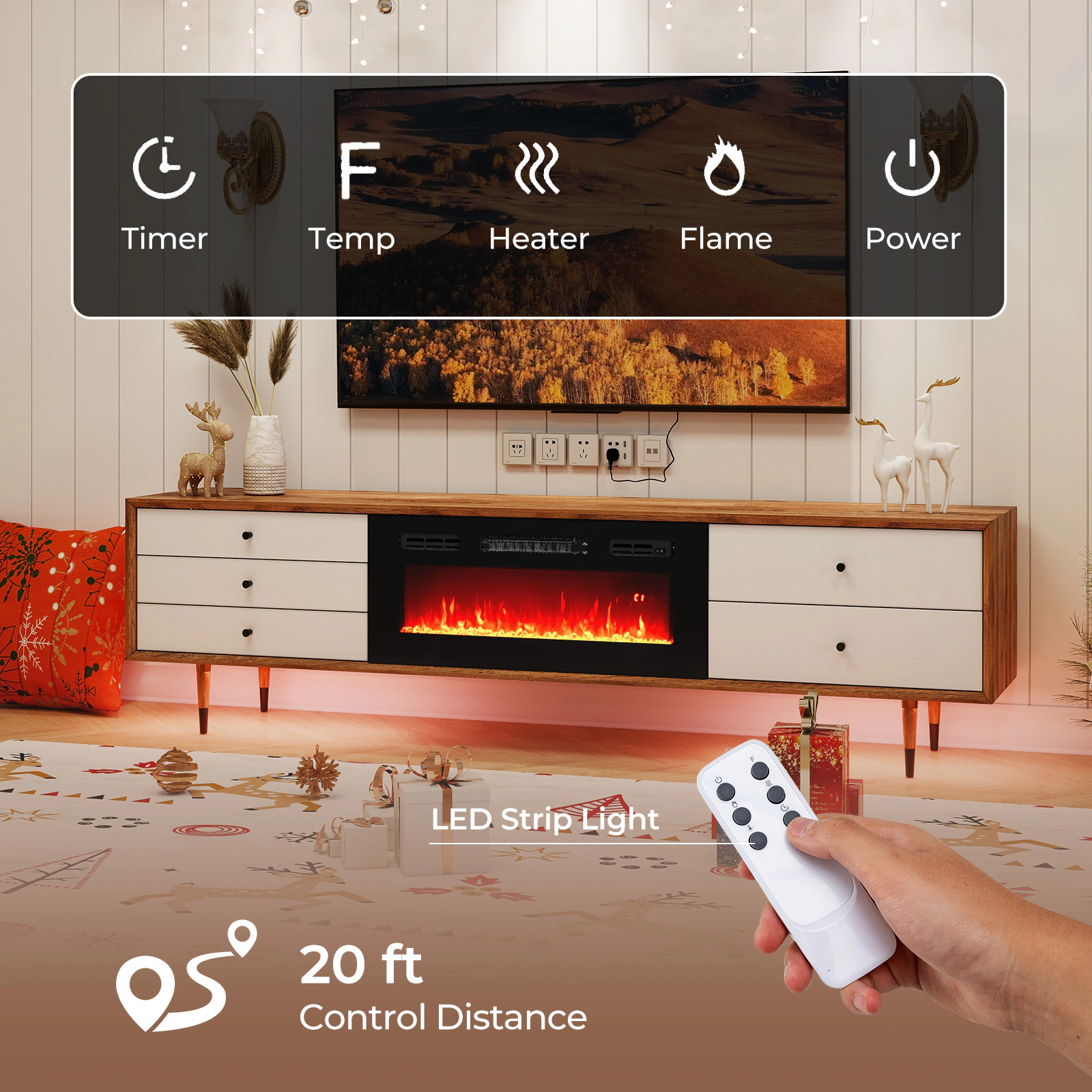 SUGIFT Recessed Electric Fireplace Heater 5000 BTU 750W/1500W with LED Strip Lights and Remote Control Black