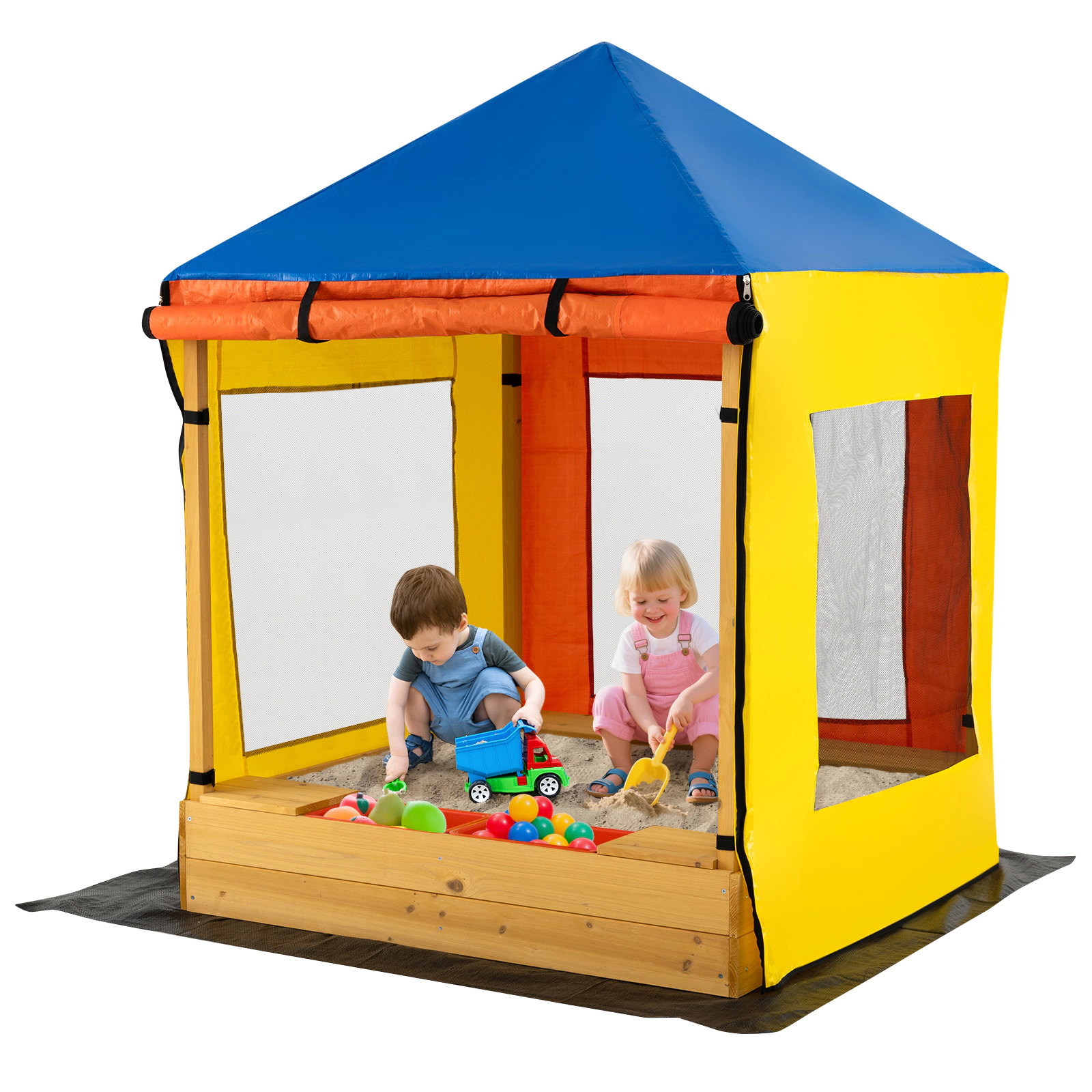 SUGIFT Multicolor Full Canopy Mesh Windows and Bottom Liner Kids Wooden Sandbox