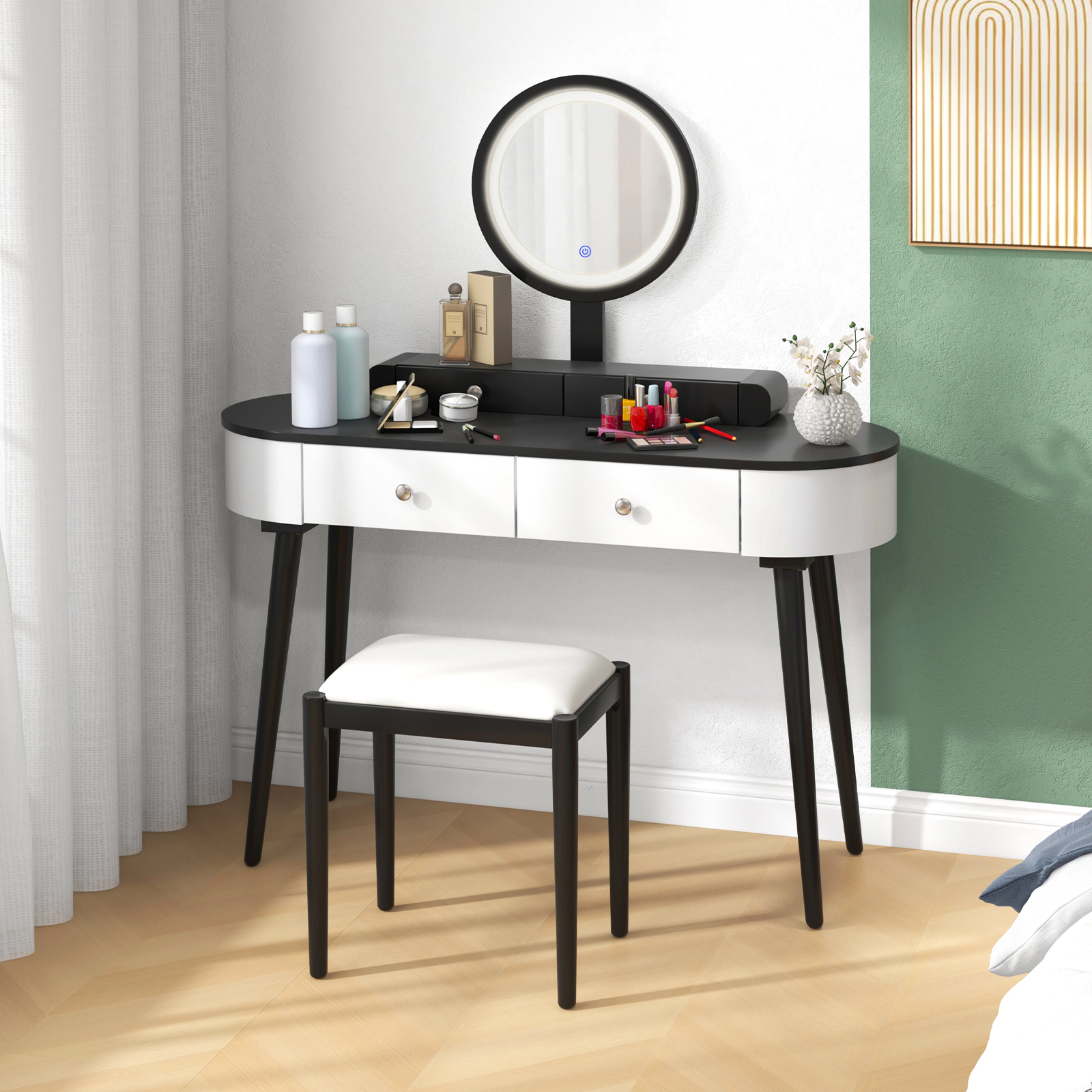 SUGIFT Makeup Vanity Table Set White and Black with Round LED Mirror and 3 Drawers