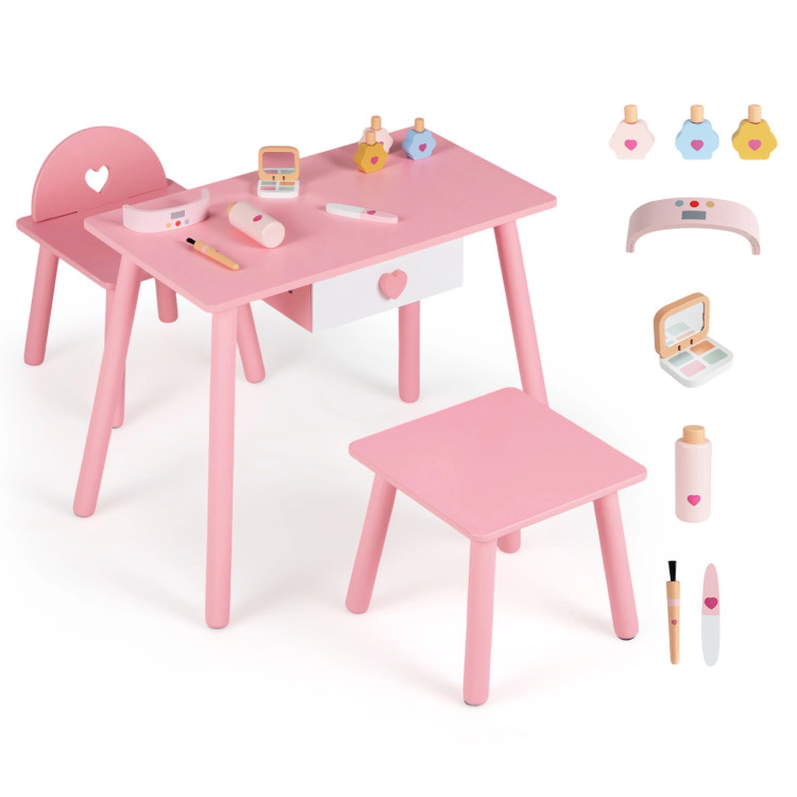SUGIFT Pink Wooden Table Chair and Stool Kids Pretend Nail Salon Playset