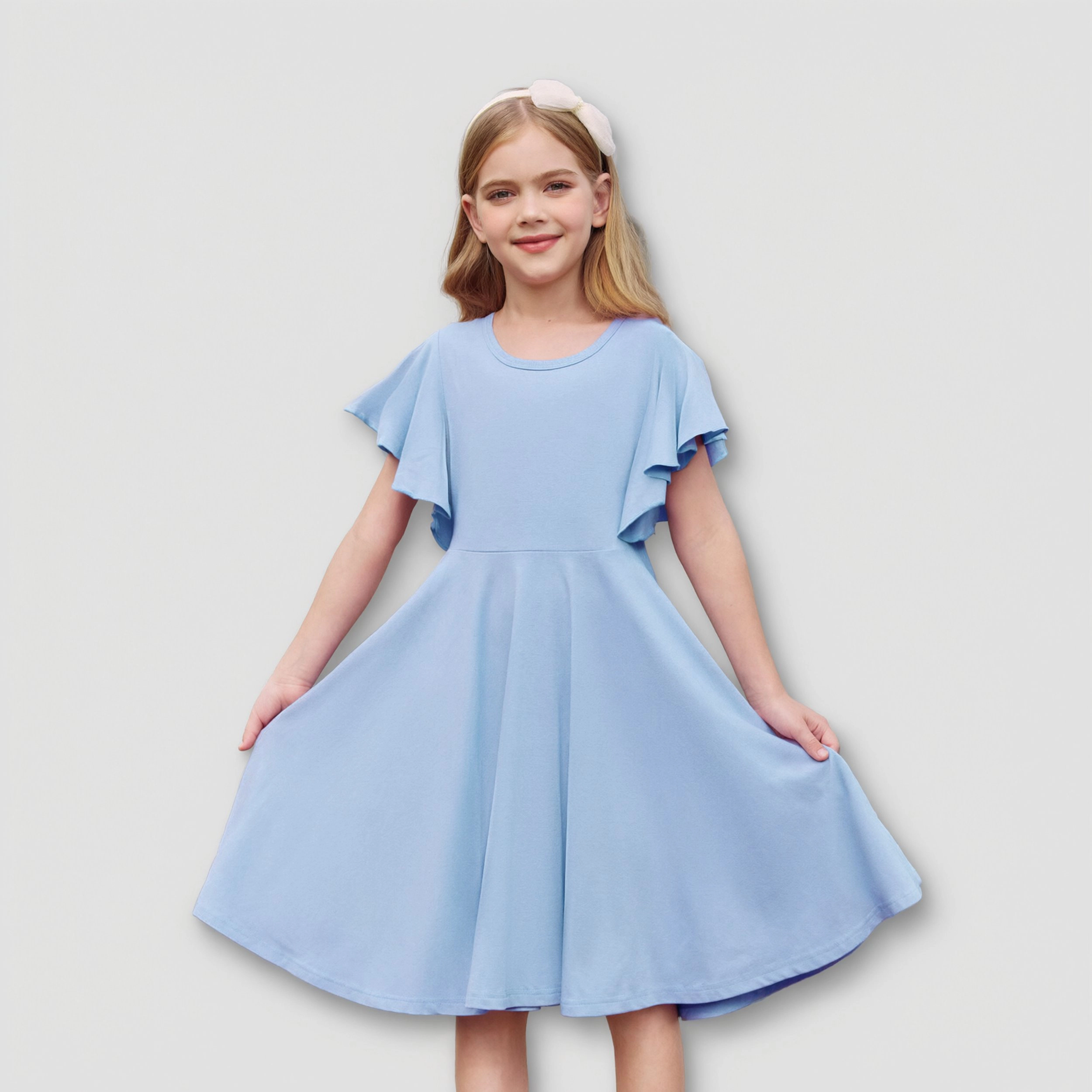 Arshiner Girl Summer Dresses Ruffle Short Sleeve Swing Flowy Midi Casual Sundress With Pockets