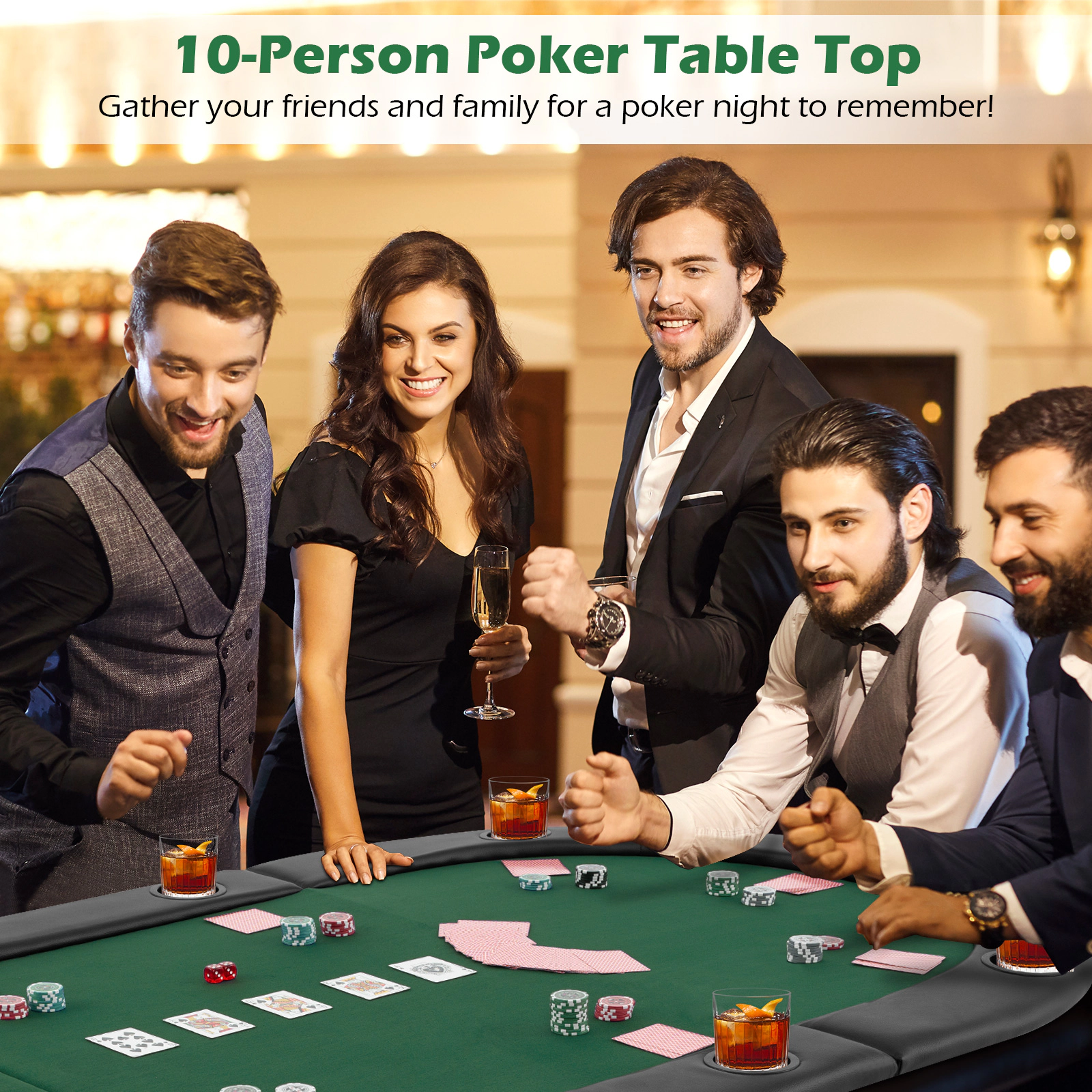 SUGIFT Green 10-Player Oval Foldable Poker Table Top with Padded PU Armrest and 10 Cup Holders 84-in W 42-in D