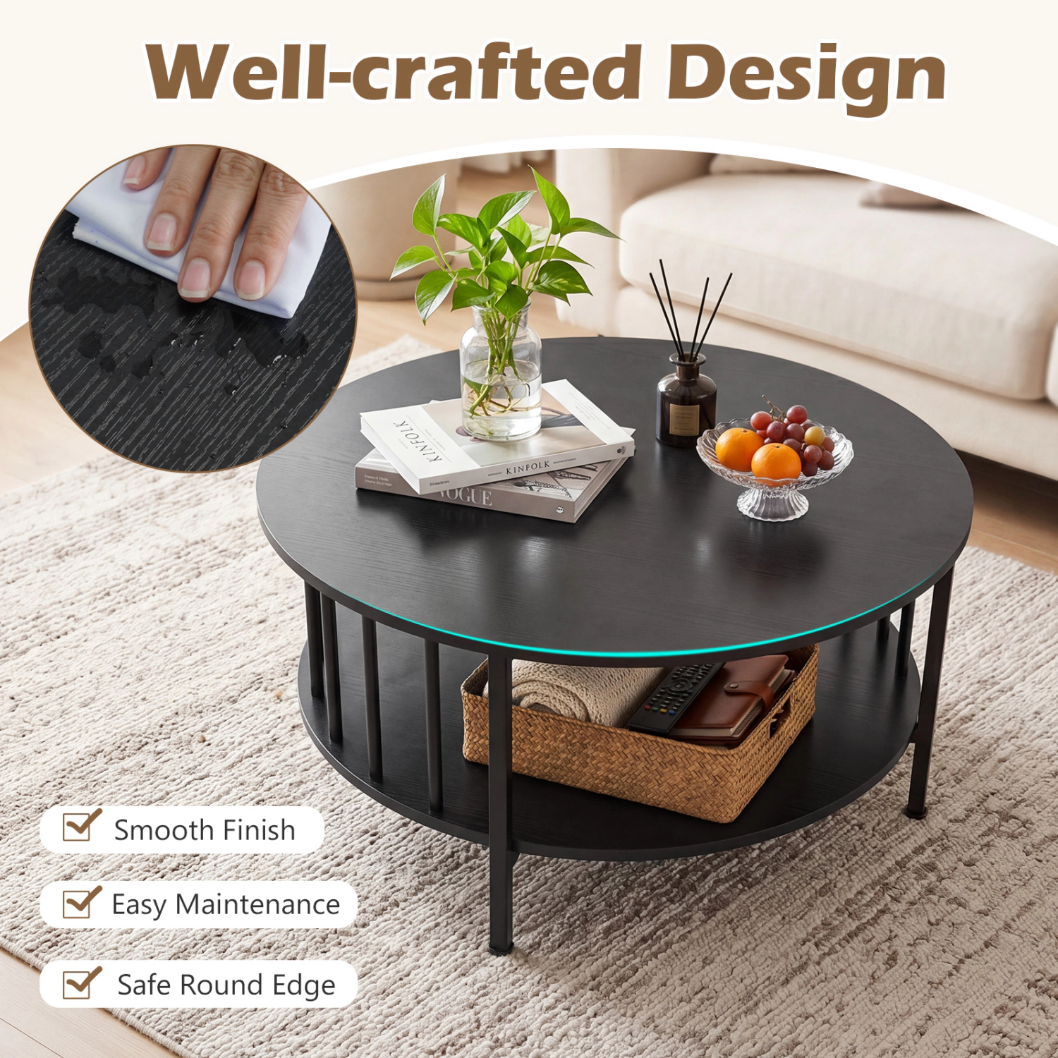 Glintex 2-Tier 32.5-Inch Round Coffee Table with Picket Metal Shelf Rails