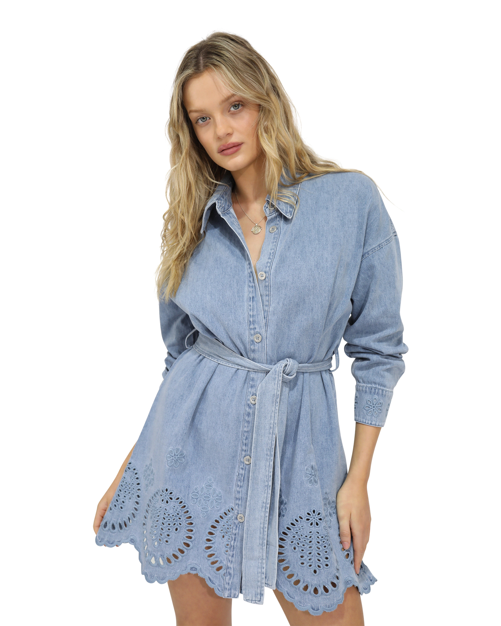 Belle & Bloom Womens Sunday Somewhere Denim Broderie Mini Shirt Dress