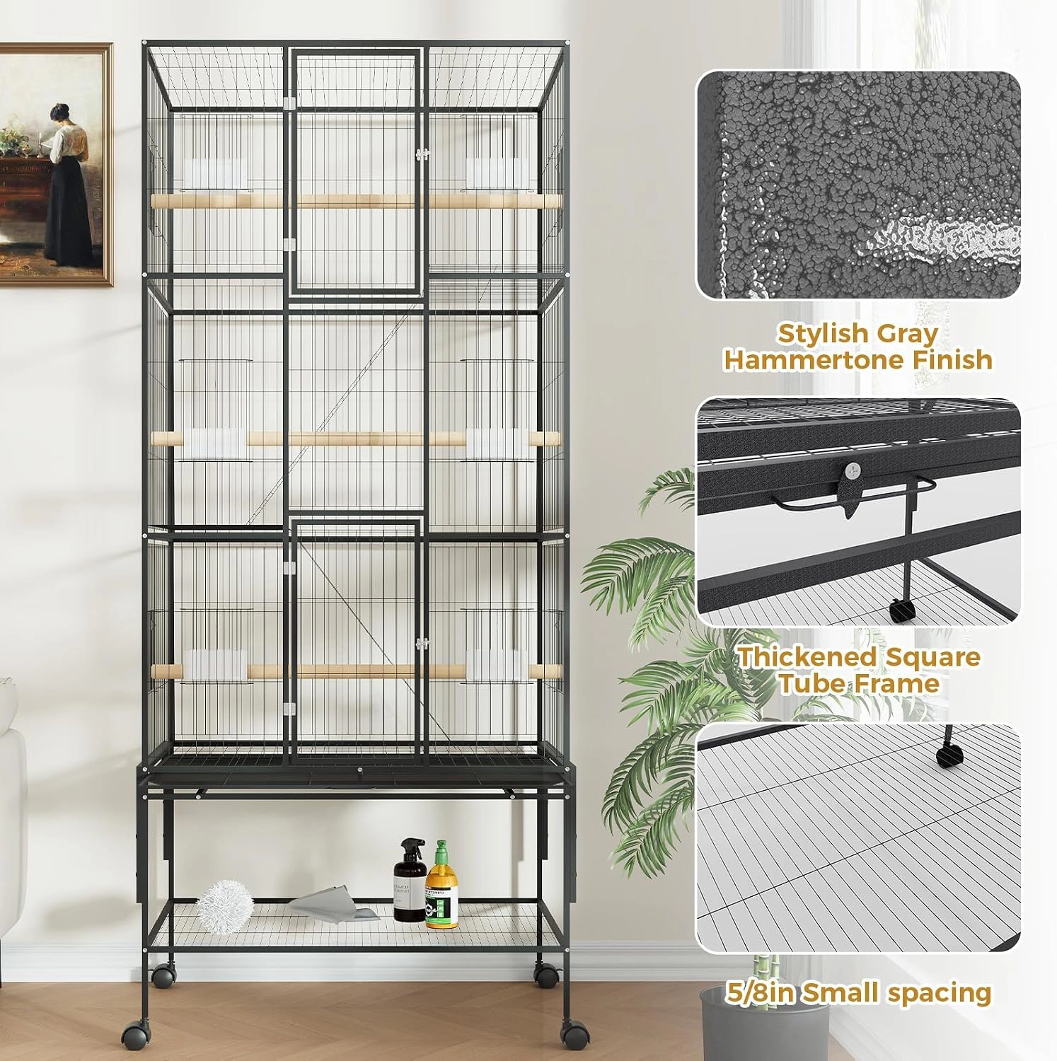 69-Inch Tall Large Metal Parrot Bird Cage, Rolling Stand Flight Aviary for Pet Parrots, Black