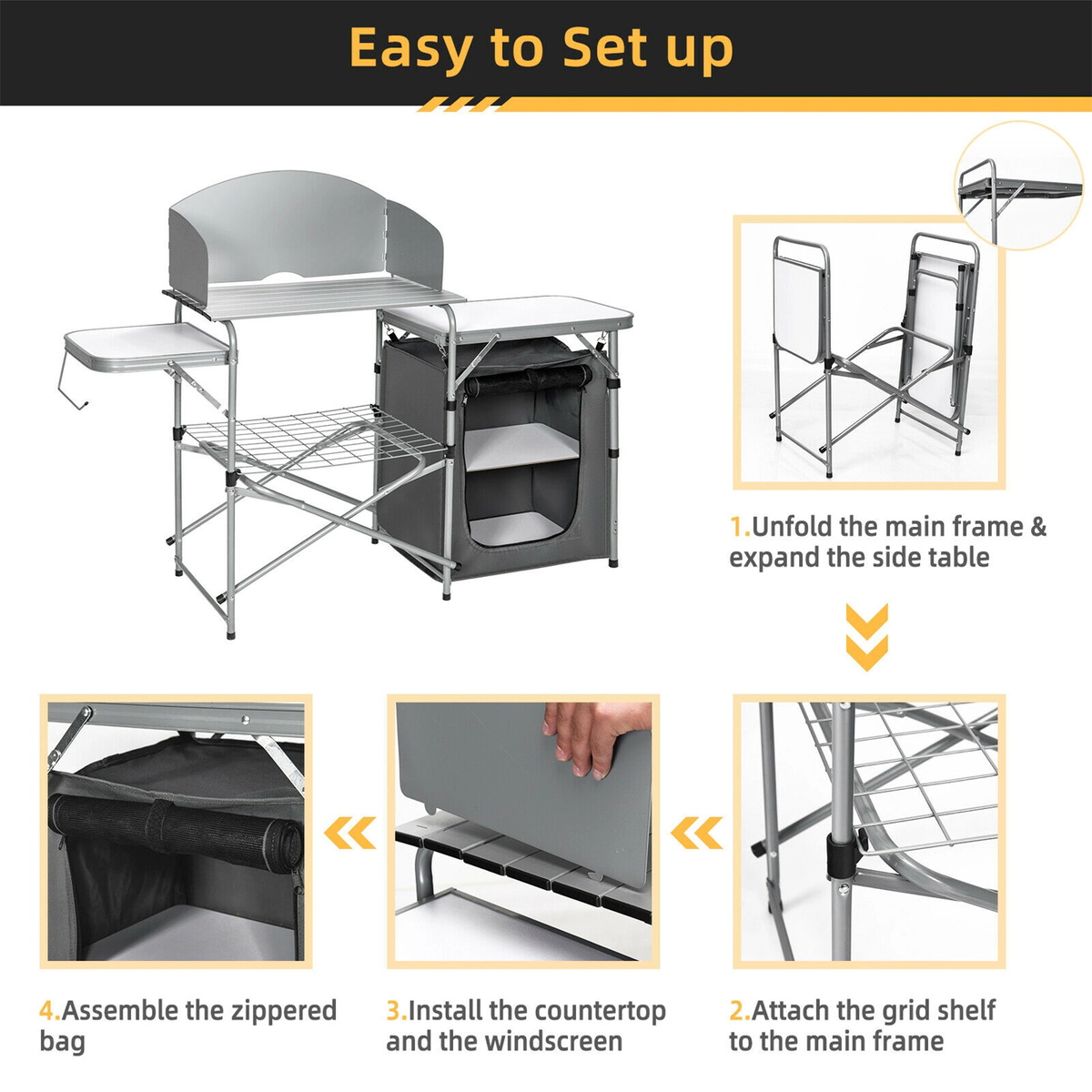 SUGIFT Foldable Camping BBQ Grilling Table with Windscreen and Storage Bag 46-lb Surface Capacity Brown/Gray