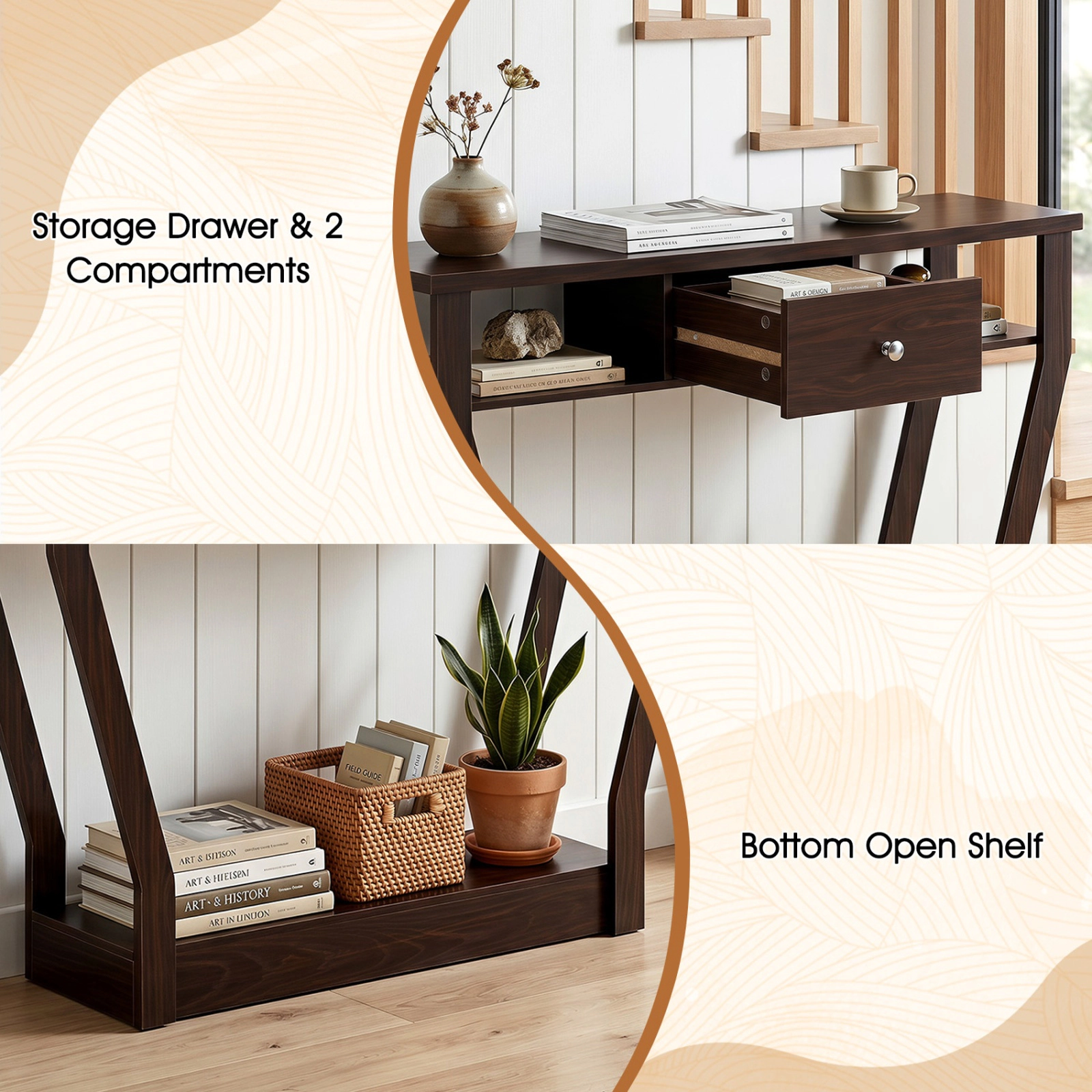 SUGIFT 3-Tier MDF Console Accent Table with Drawer 66-lb Capacity 43-in Wide Sofa Accent Table 30.5-lb Net Weight Brown