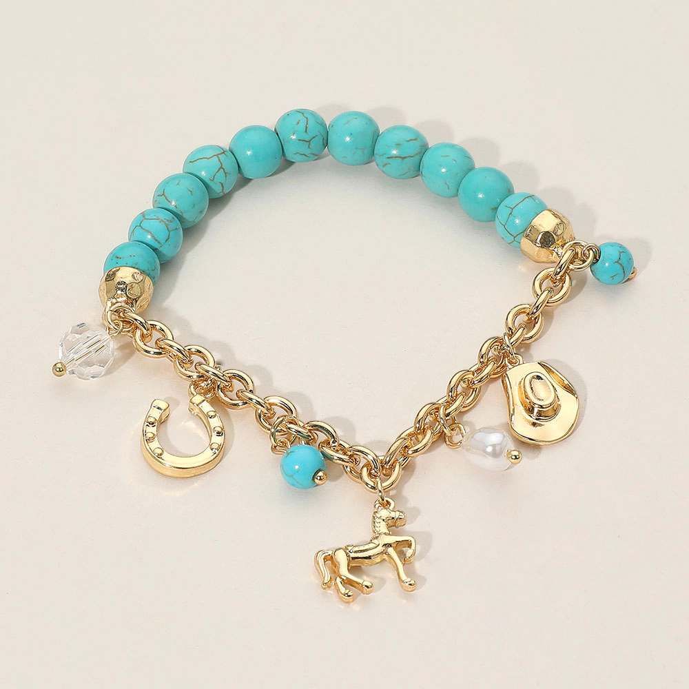 FASHNZFAB SECRET BOX_Western Horse Horse Shoe Cowboy Hat Pearl Charm Beaded Stretch Bracelet