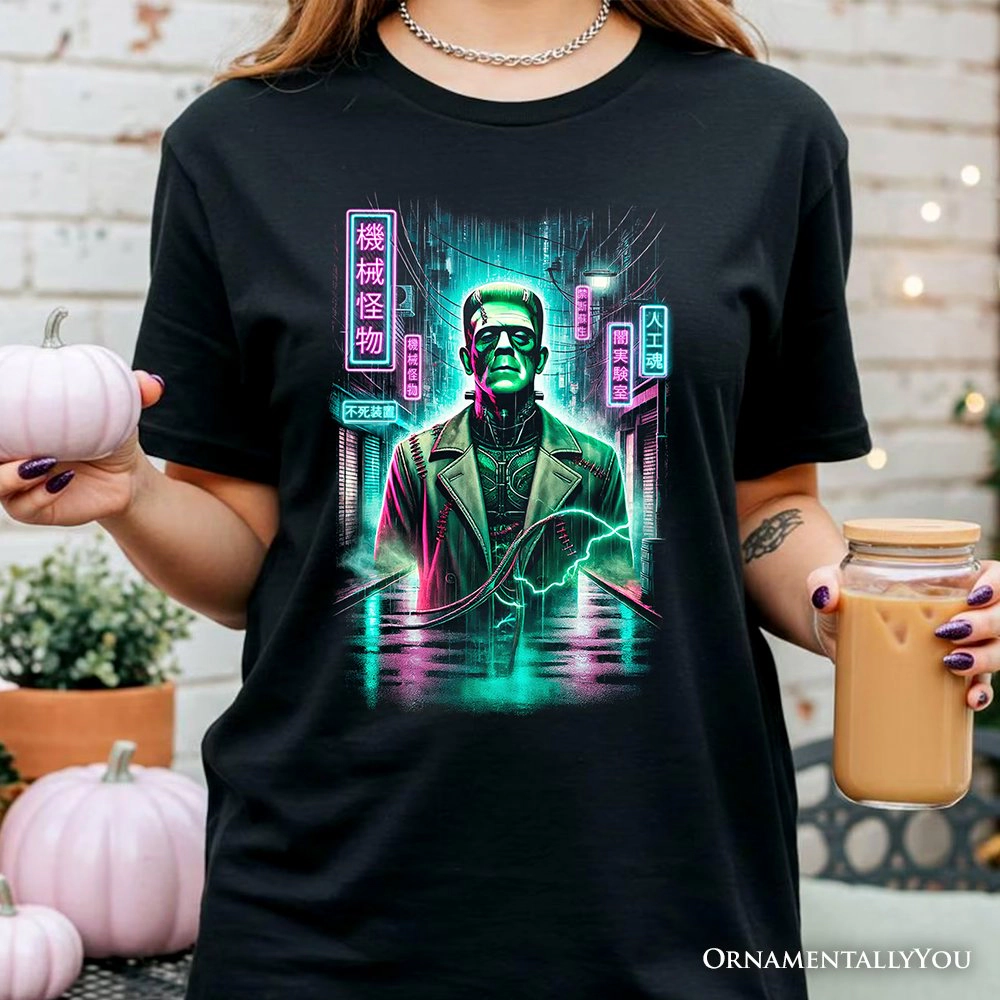 OrnamentallyYou Mens Cyberpunk Frankenstein Neon Halloween Monster T-Shirt