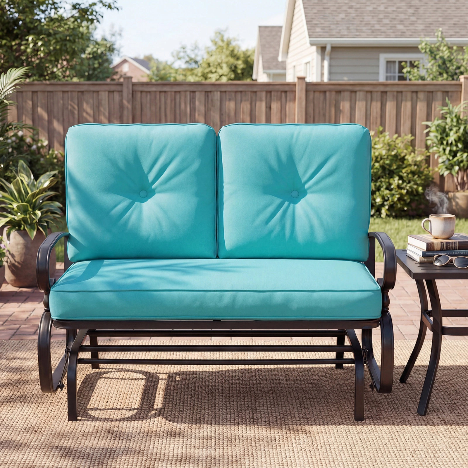 SUGIFT 2-Seat Outdoor Steel Swing Glider Chair with Cushions 440-Lb Capacity Beige Blue Gray Navy