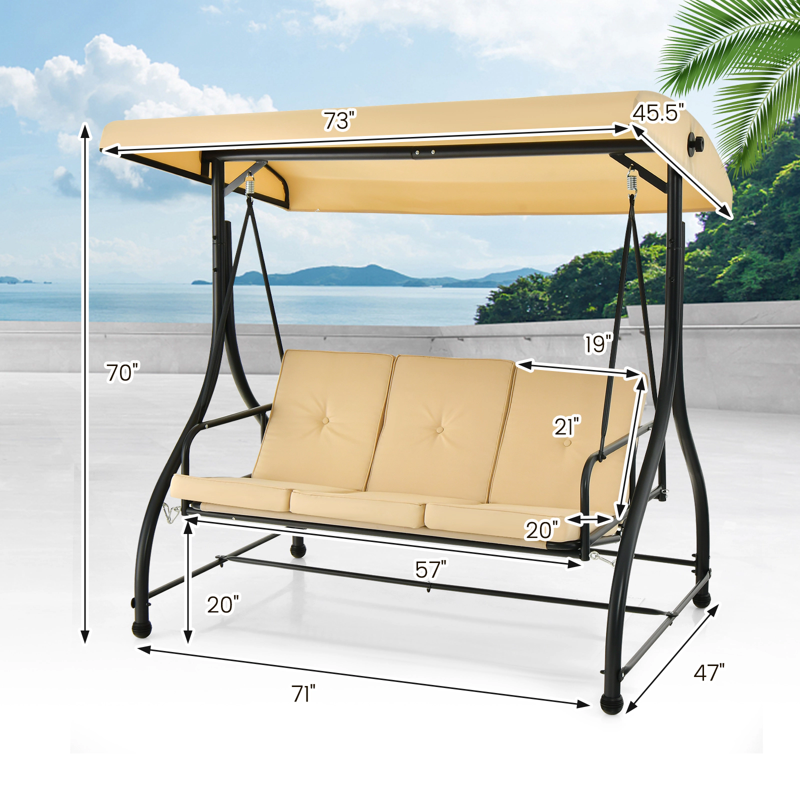 LJG 3 Seat Outdoor Porch Swing with Adjustable Canopy