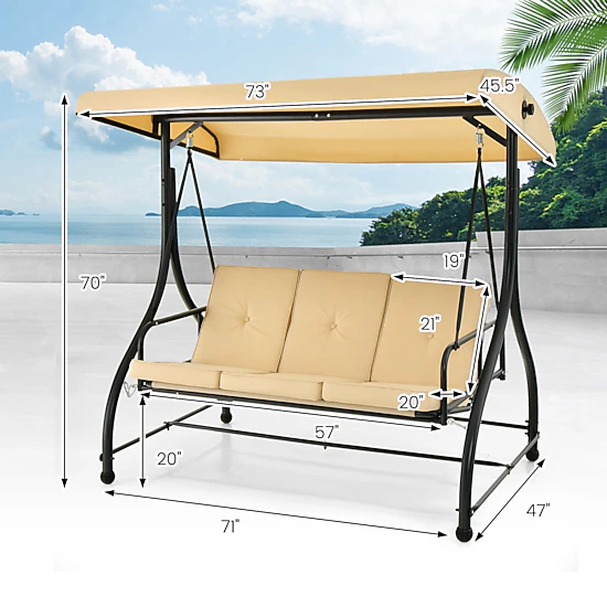 LJG 3 Seat Outdoor Porch Swing with Adjustable Canopy