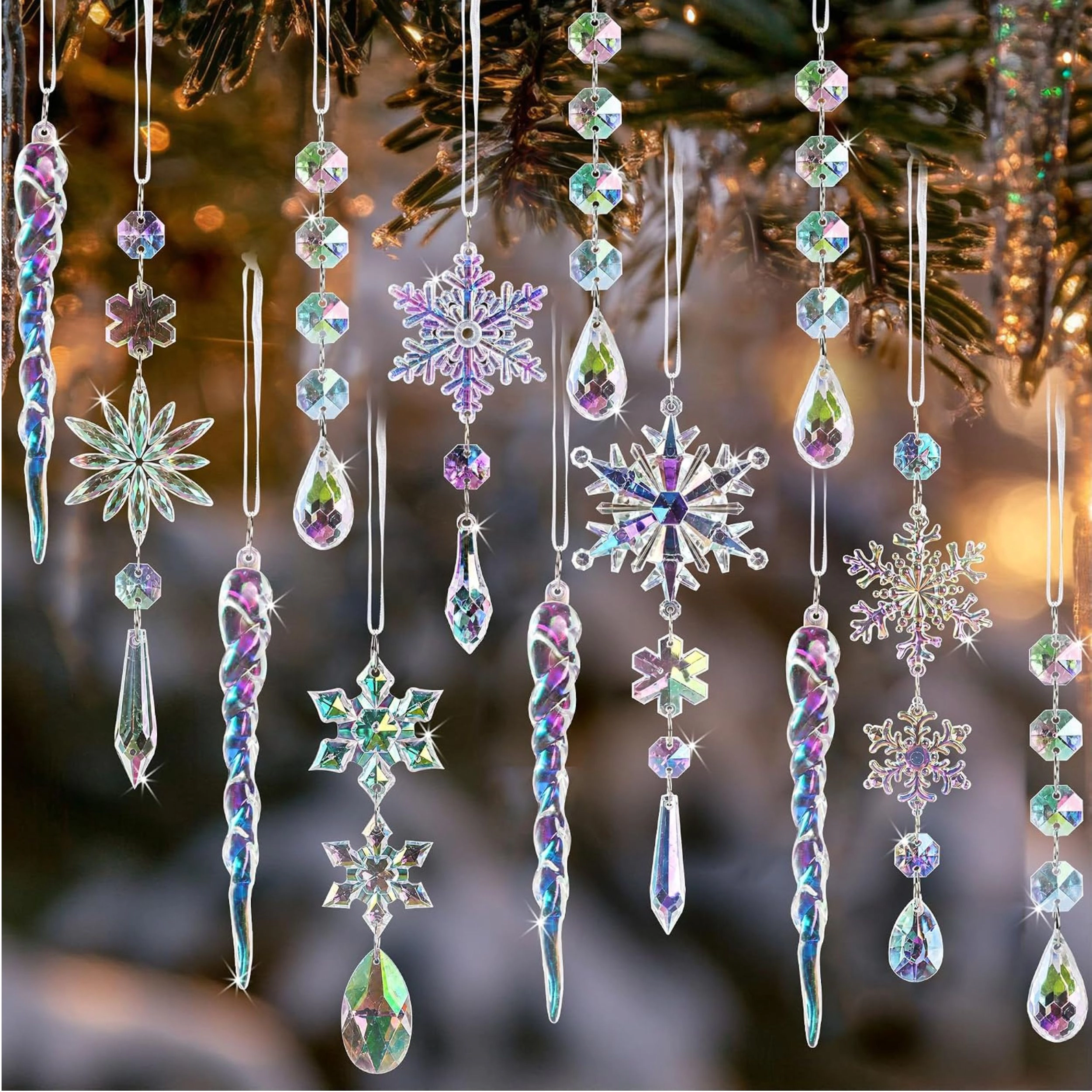 Stock Preferred Pack of 18 Acrylic Crystal Snowflake and Icicle Christmas Tree Ornaments