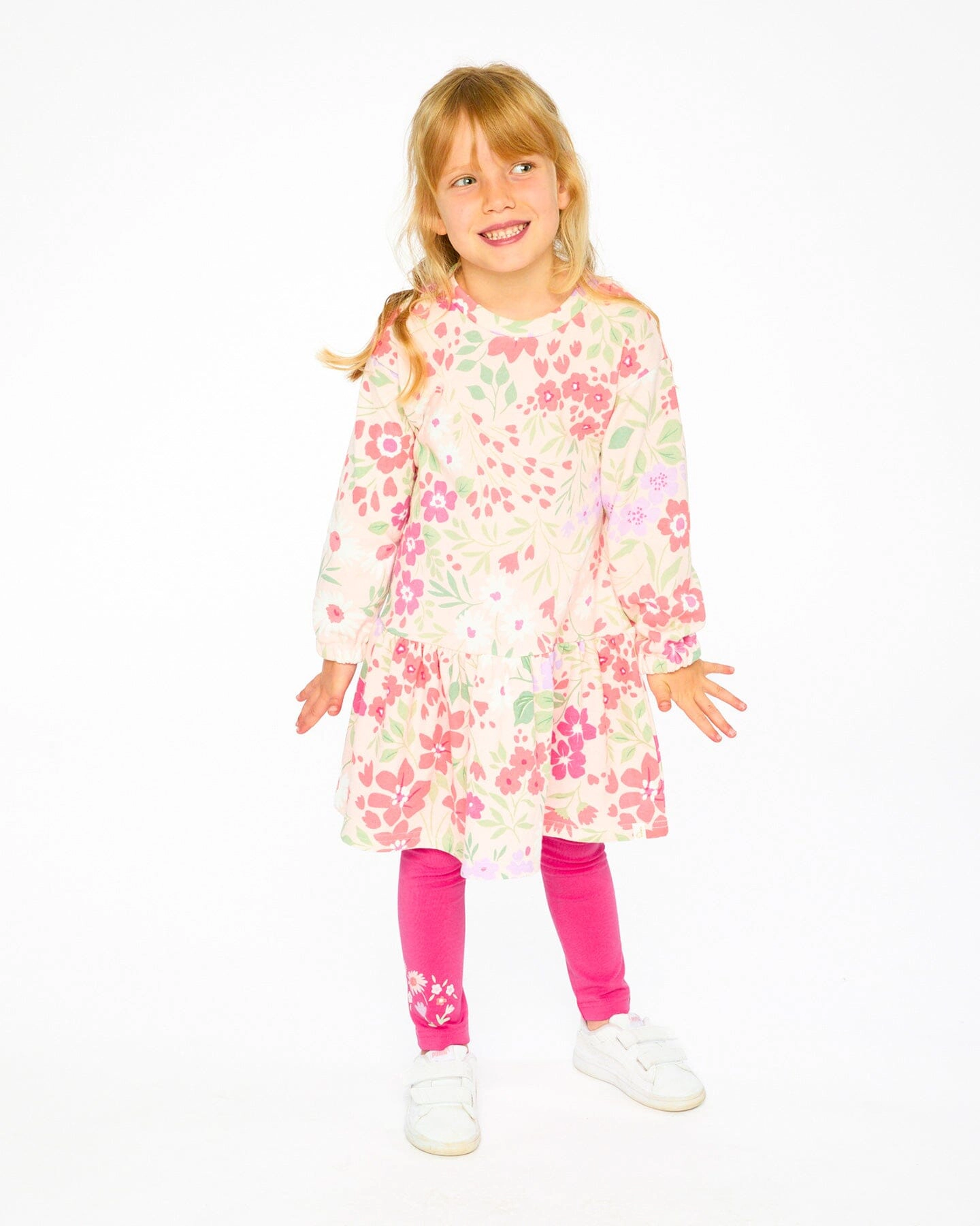 Deux par Girls French Terry Dress Pink Printed Flowers