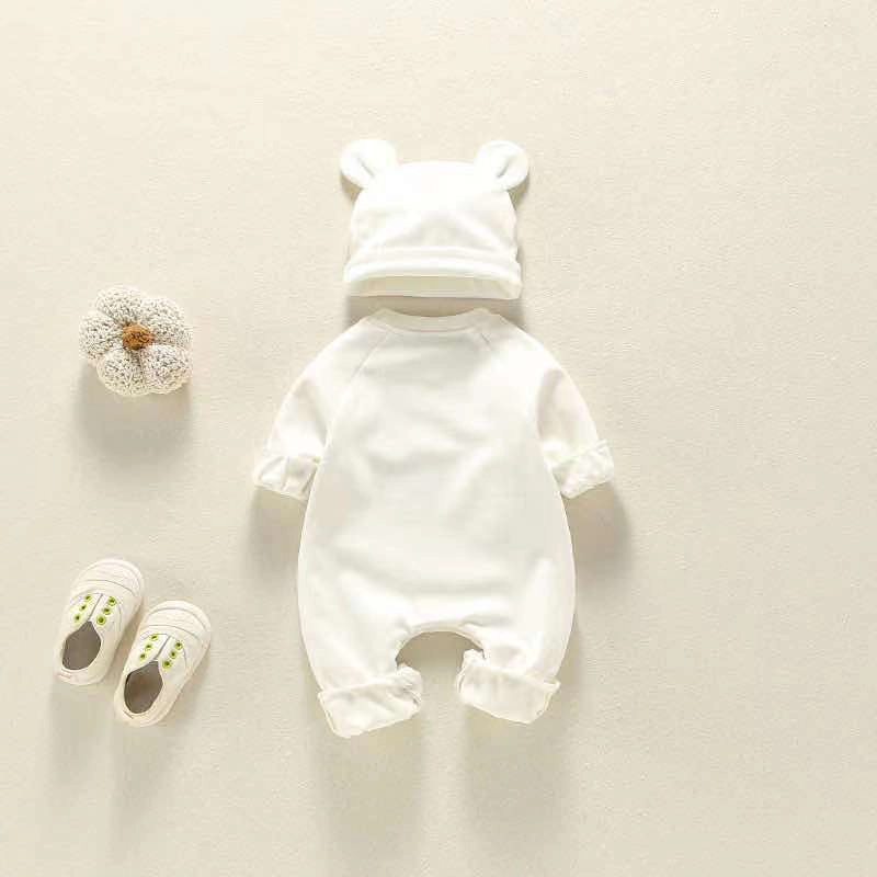 MyKids-USA Baby Girl Bear Print Pattern Solid Color Long-Sleeved Rompers With Hat In Spring & Autumn