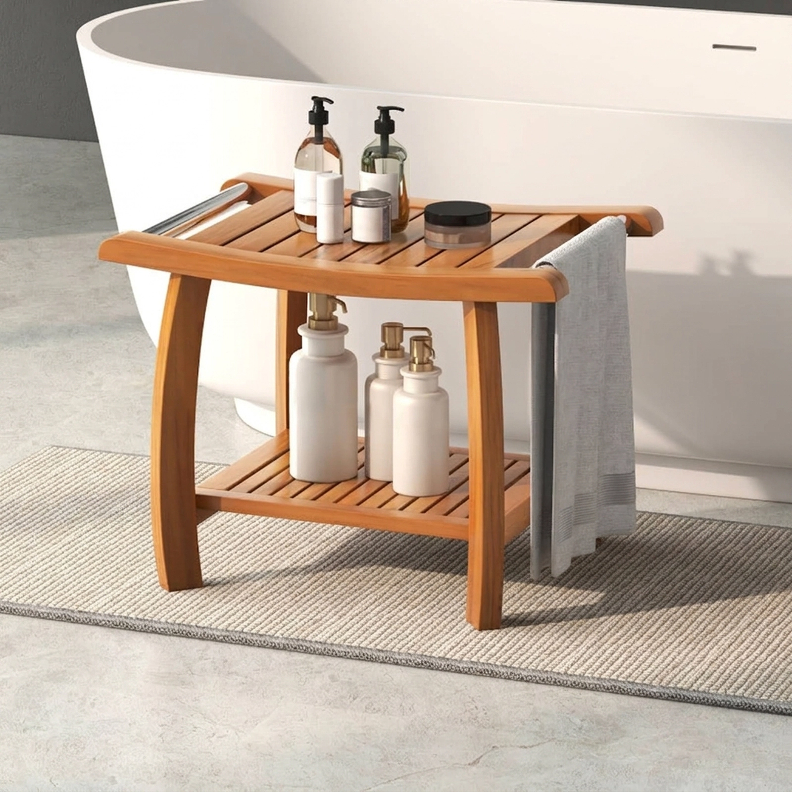 SUGIFT 24.5-Inch 2-Tier Teak Shower Bench, 350-Lb Capacity, Curved Legs
