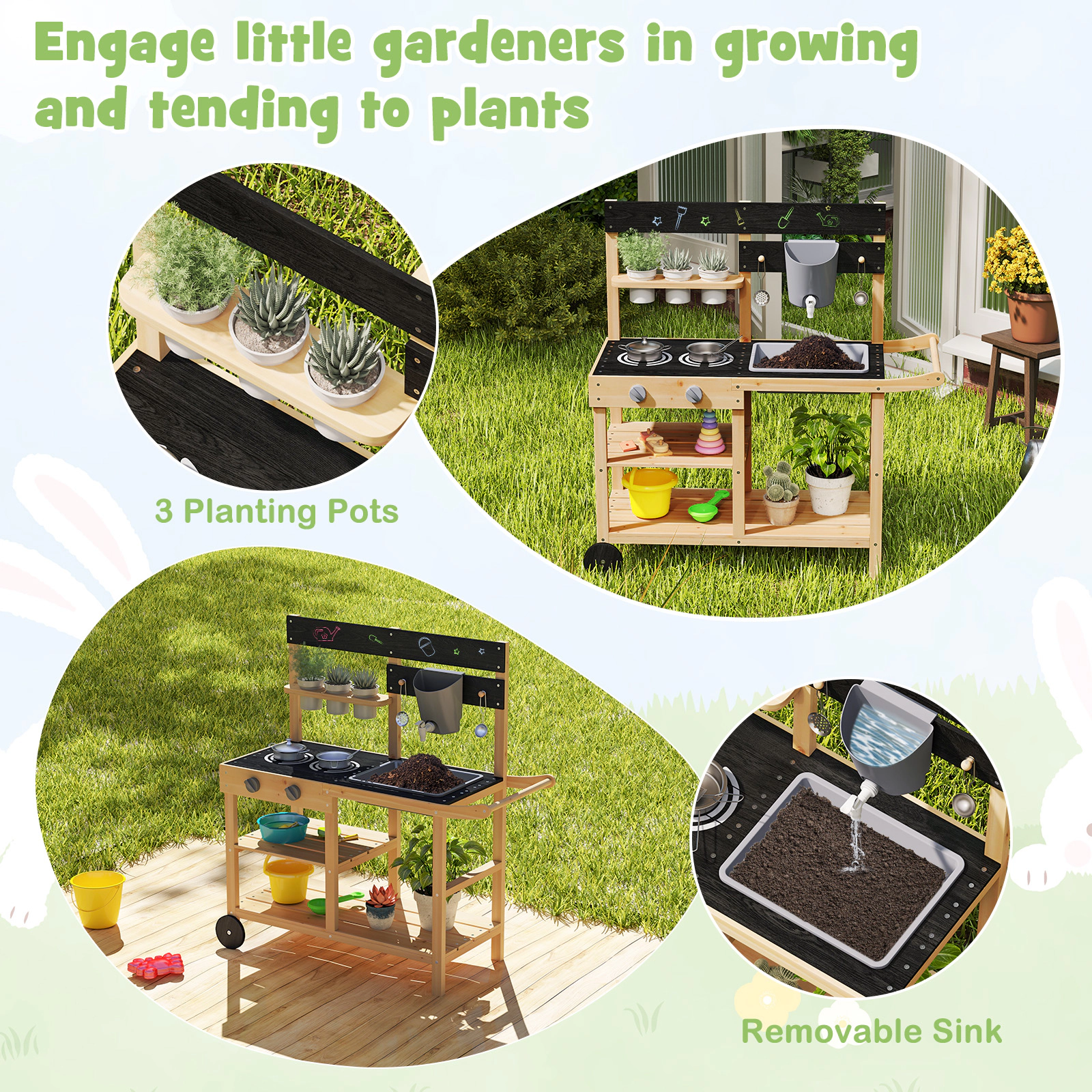 SUGIFT Natural Blackboard Planting Pots and Wheels Outdoor Kids Fir Wood Play Kitchen