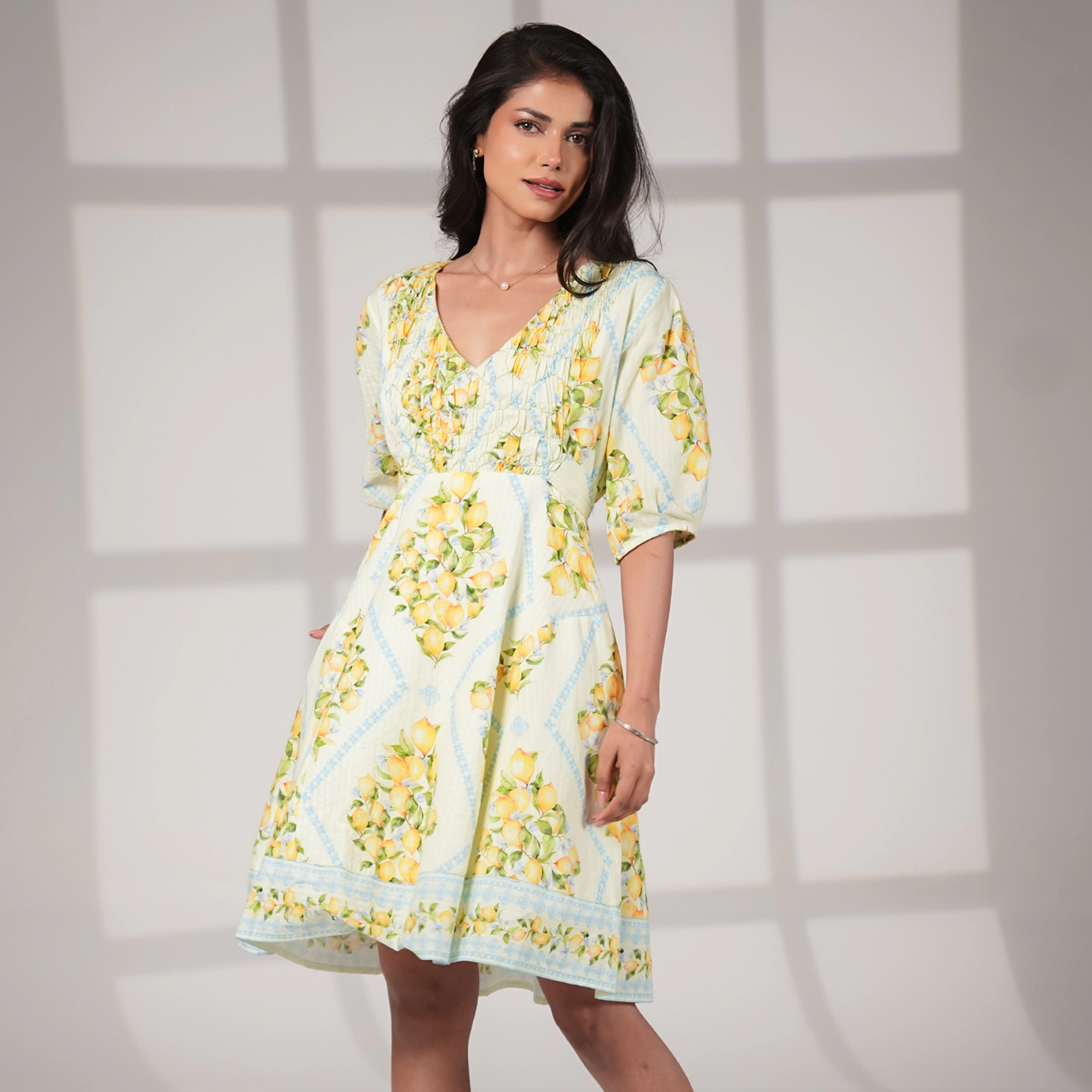 Rose & Nancy Women's Kirsten Lemon Print Smock Detail Cotton Mini Dress
