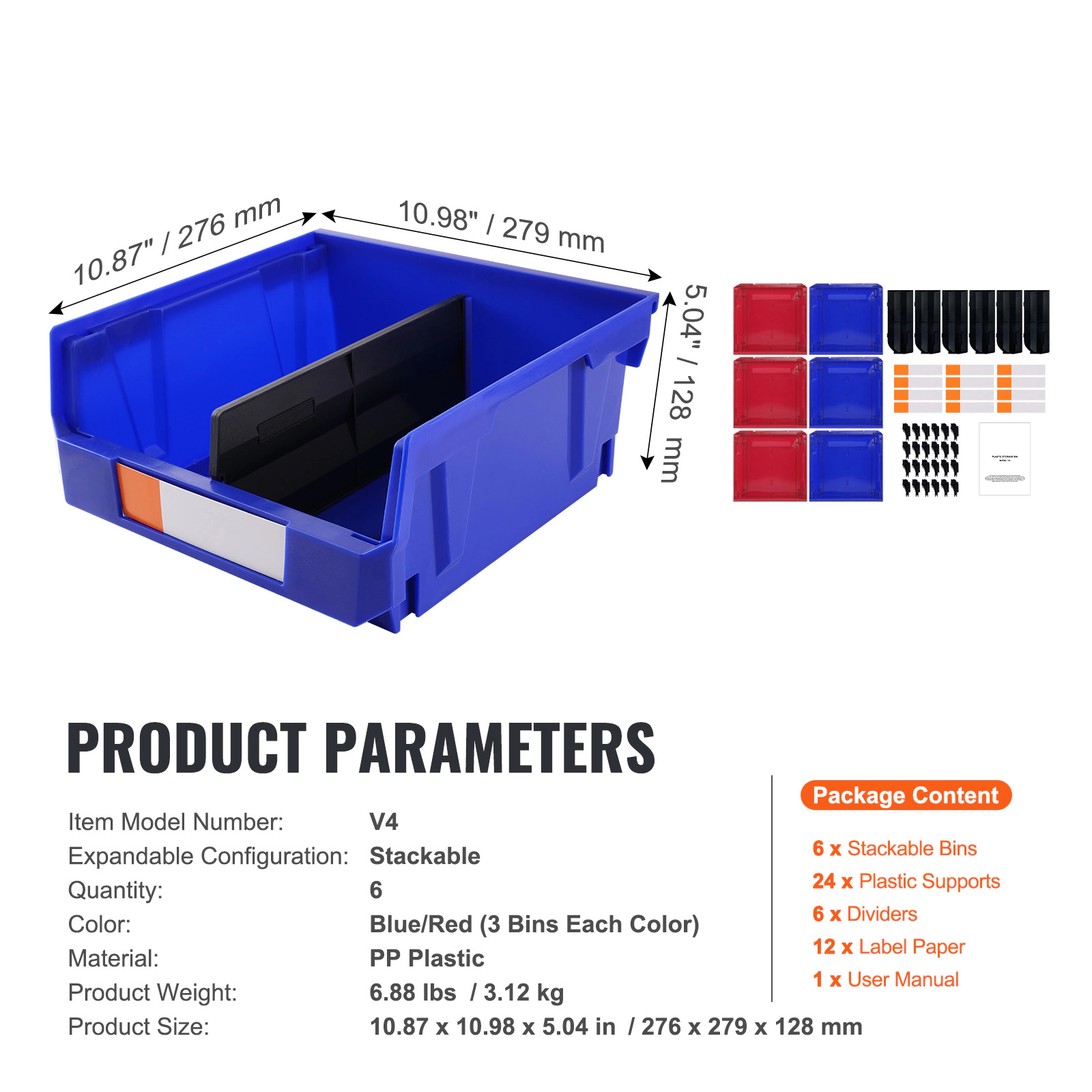HONGGE Plastic Storage Bin 5-Inch Hanging Stackable Storage Organizer Bin Blue/Red Heavy Duty Stacking Containers for