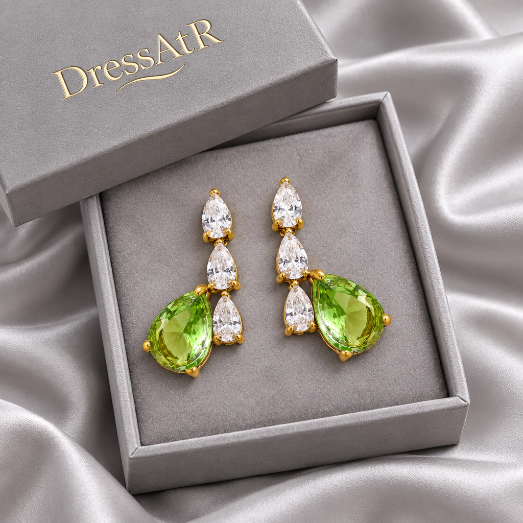 DressAtR Women's 18K Gold Plated Green Drop Earrings