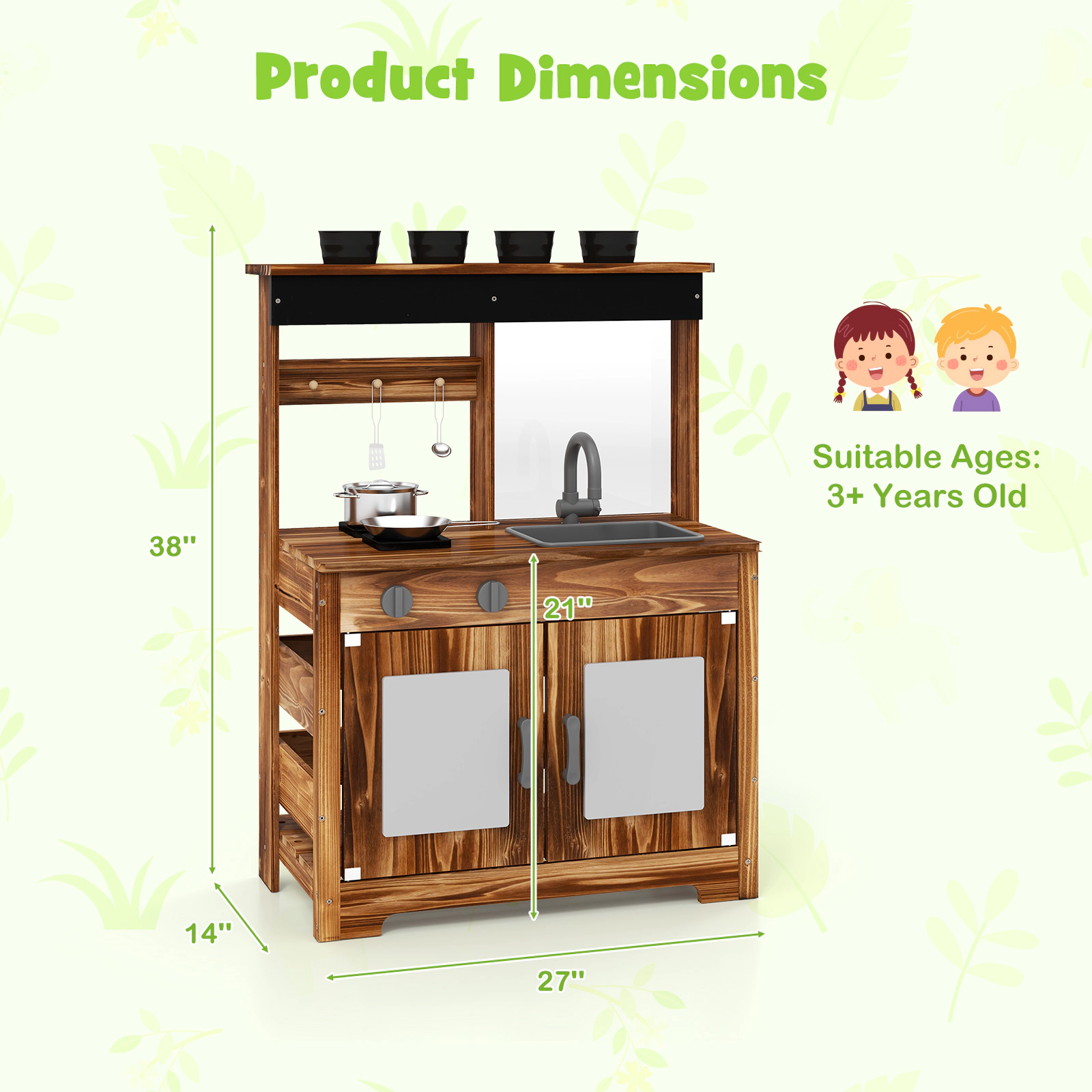 Fir Wood Mud Kitchen 4 Planting Pots DIY Acrylic Board Chalkboard Removable Sink 27-in Outdoor Kitchen Ages 3+ Natural