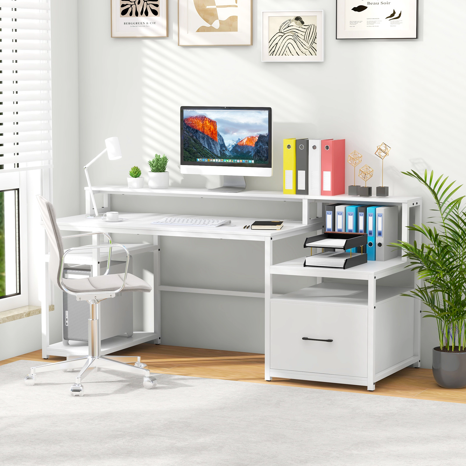 SUGIFT 67 in Computer Desk White with Monitor Stand File Drawer and Power Outlets