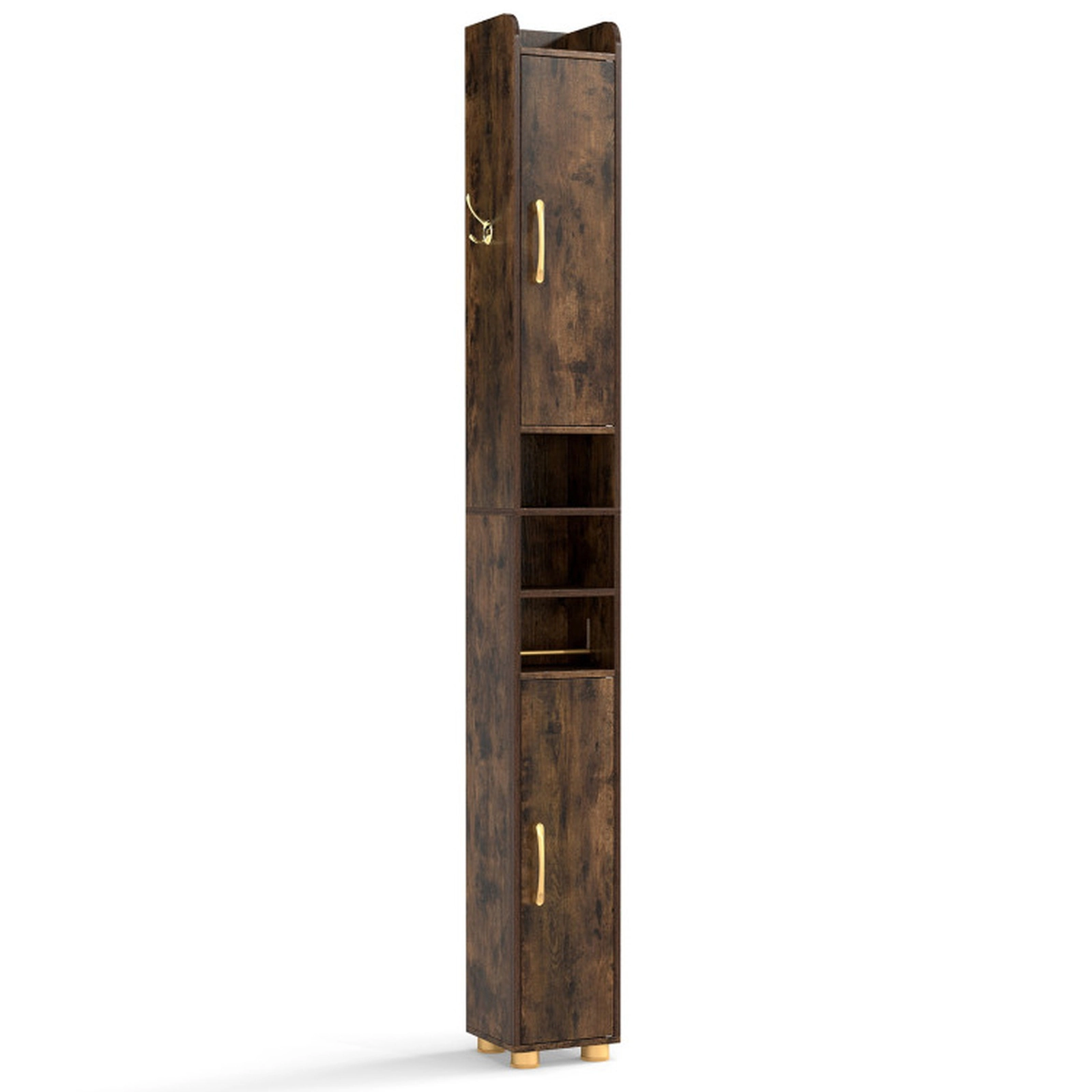 SUGIFT Narrow 8 x 8 in Bathroom Storage Cabinet with Open Shelves, Toilet Paper Holder and 4.5-lb Hook Capacity Brown