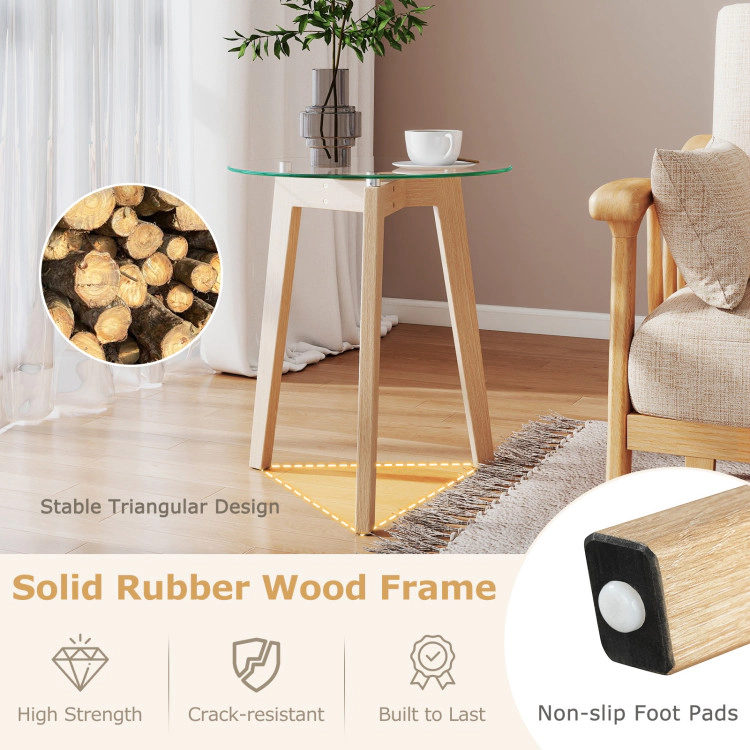 Hivvago Round End Table with Tempered Glass Top and Sturdy Solid Rubberwood Frame