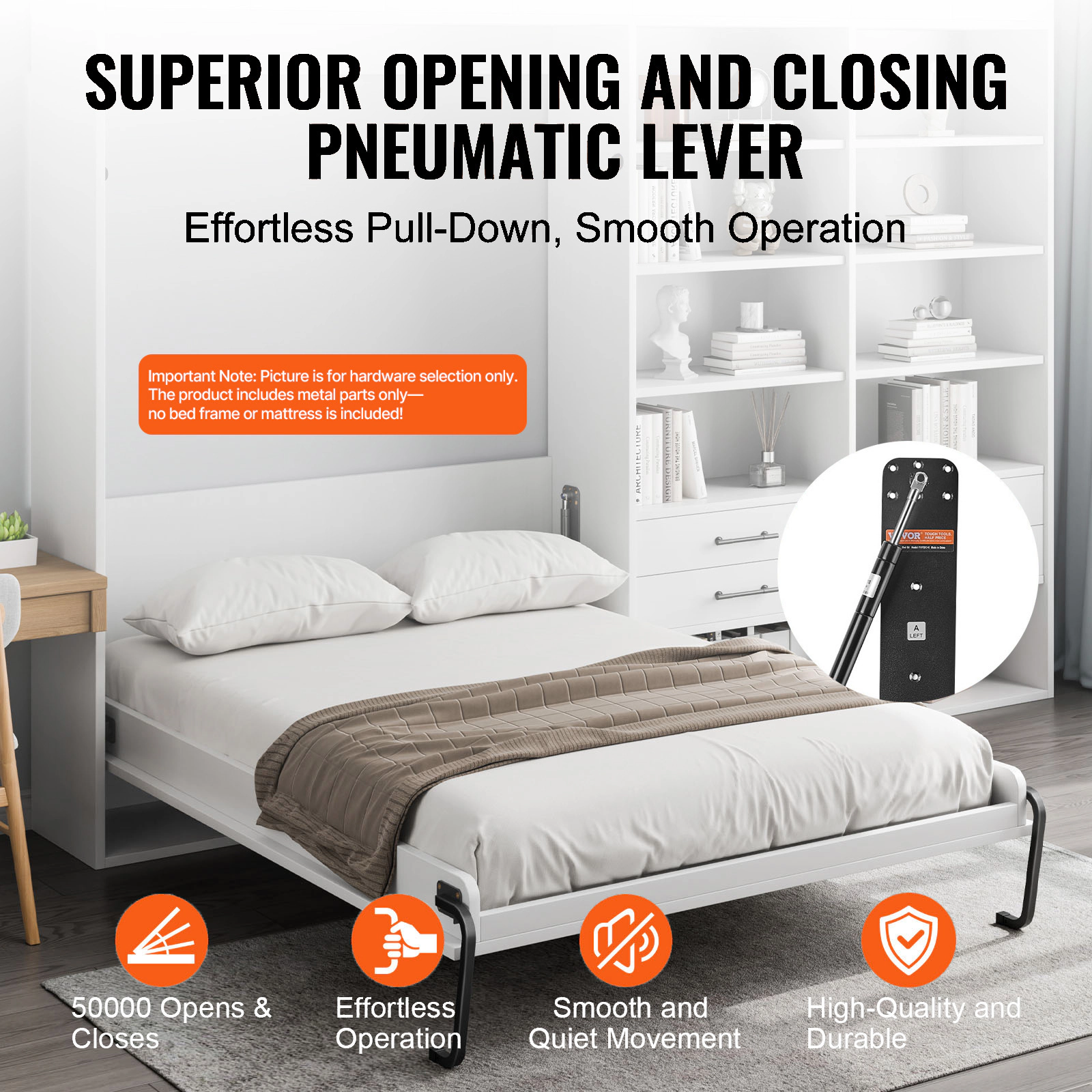 HONGGE Murphy Bed Kit Vertical Deluxe DIY Wall Bed Mechanical Hardware Kit Pneumatic Lever Heavy Duty Bed Frame Support