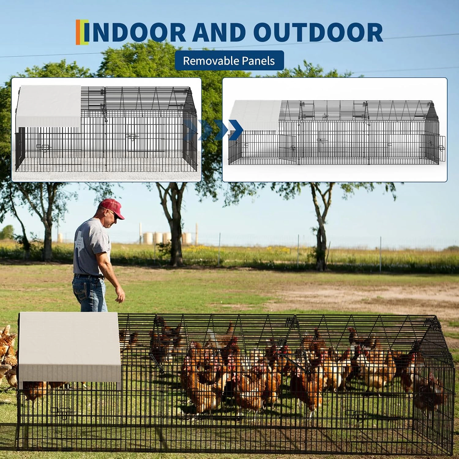 Metal Chicken Run Pen with Waterproof Cover, Portable Outdoor Poultry Coop for Duck Hen Rabbit, Black
