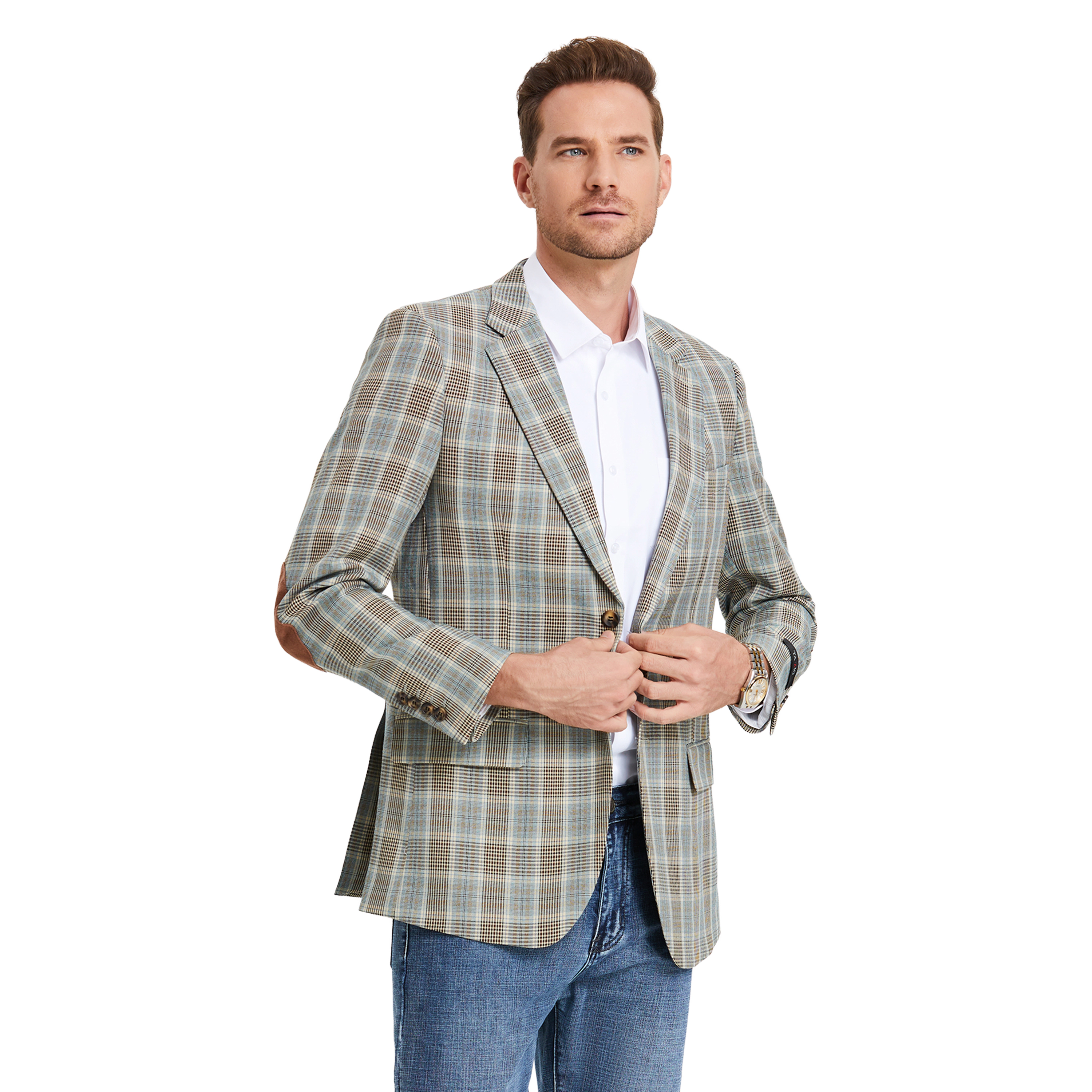 Tazzio Mens Slim Fit Glen Plaid Elbow Patch Sport Coat