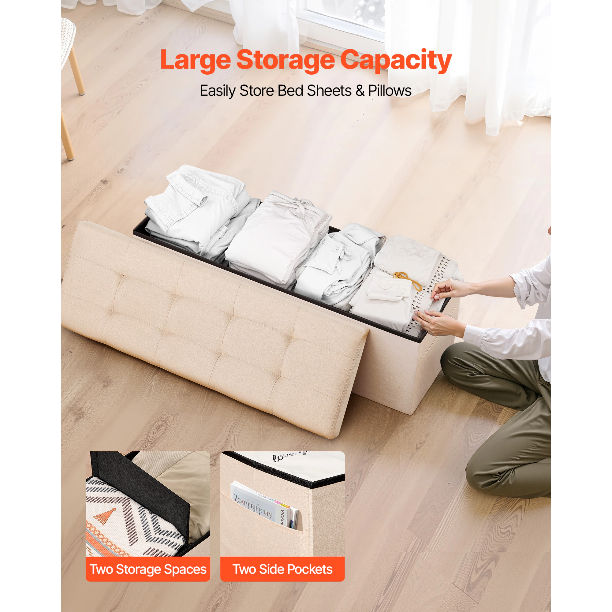 HONGGE Foldable Storage Ottoman Bench End of Bed Bench with Side Bags Folding Upholstered Storage Chest Supports 660
