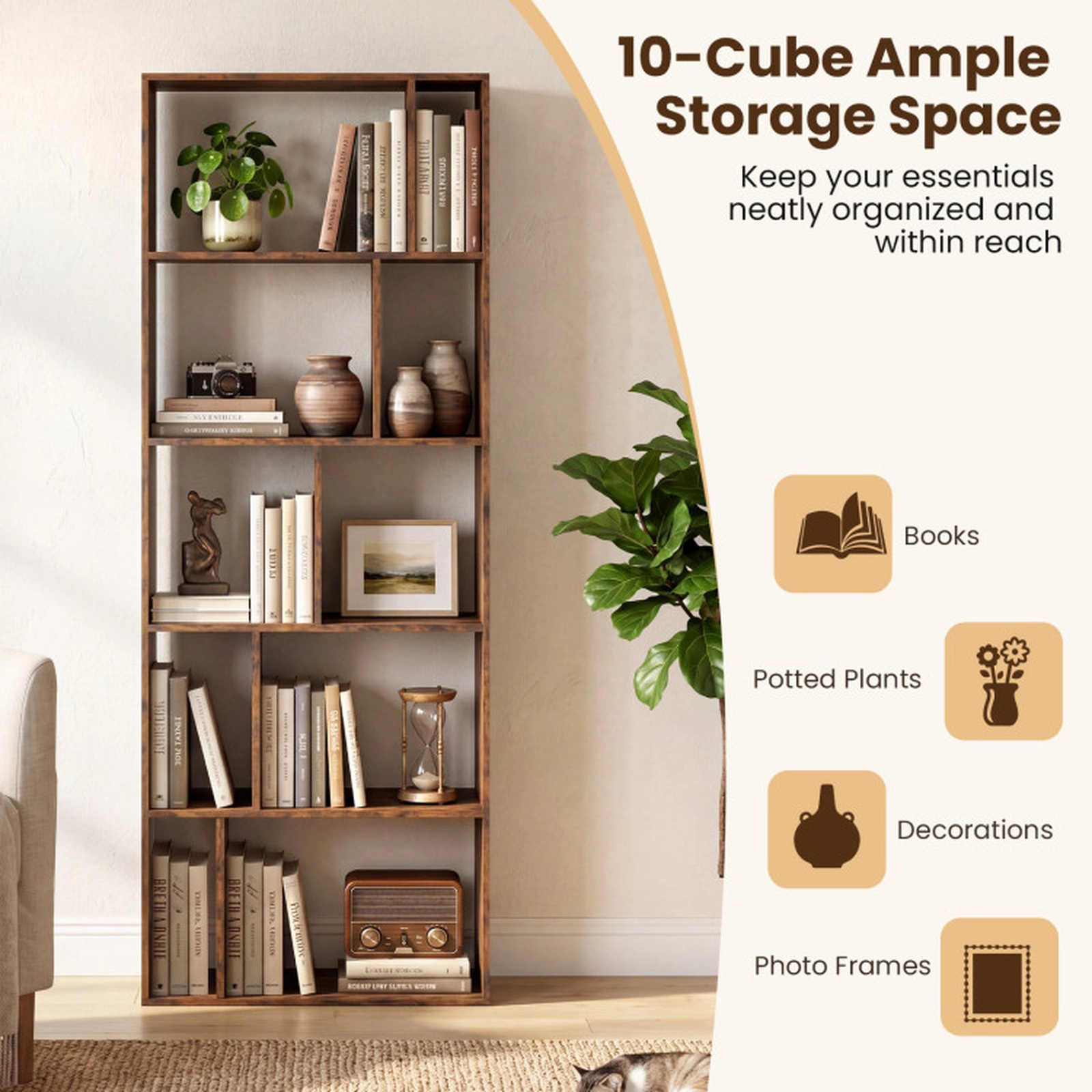 SUGIFT 5-Tier Modern Bookshelf with Open Back and 10 Storage Cubes 22-lb Cube Capacity 65-in Tall Brown