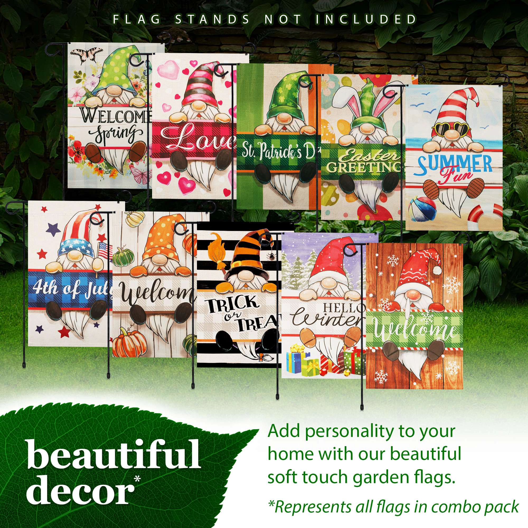 G128 Holiday Gnomes 10pc Garden Flag Set 12x18 in Double-Sided All-Season Yard Decoration