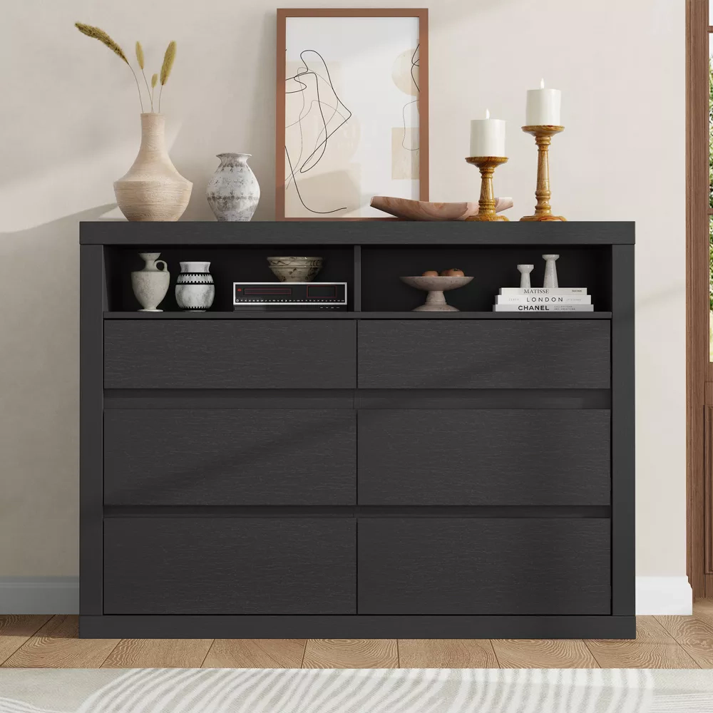 6 Drawer Modern Wooden Dresser with 2 Open Shelves, 47" Wide Handleless Storage Chest for Bedroom