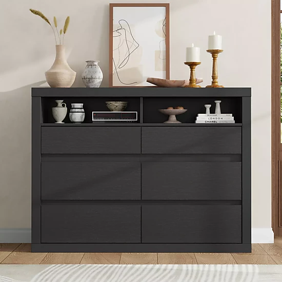 6 Drawer Modern Wooden Dresser with 2 Open Shelves, 47" Wide Handleless Storage Chest for Bedroom