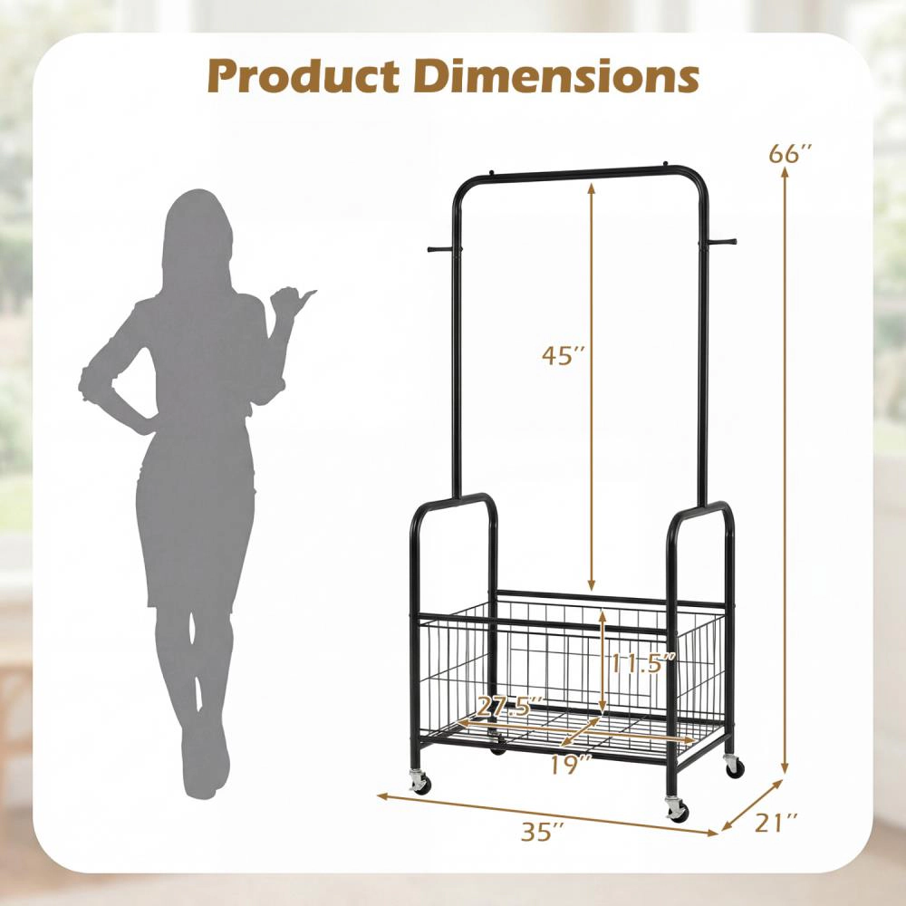 Hivvago Rolling Metal Clothes Rack with Hanging Rod and Storage Basket