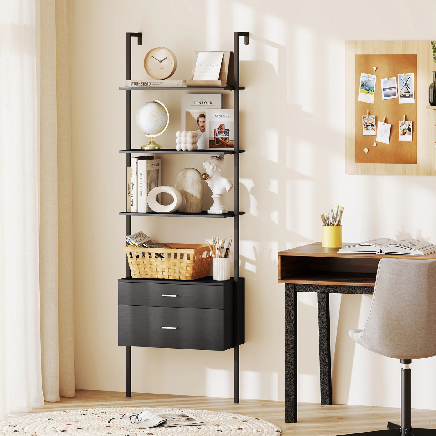 LJG 6-Tier Ladder Bookcase with 2 Drawers and Metal Frame