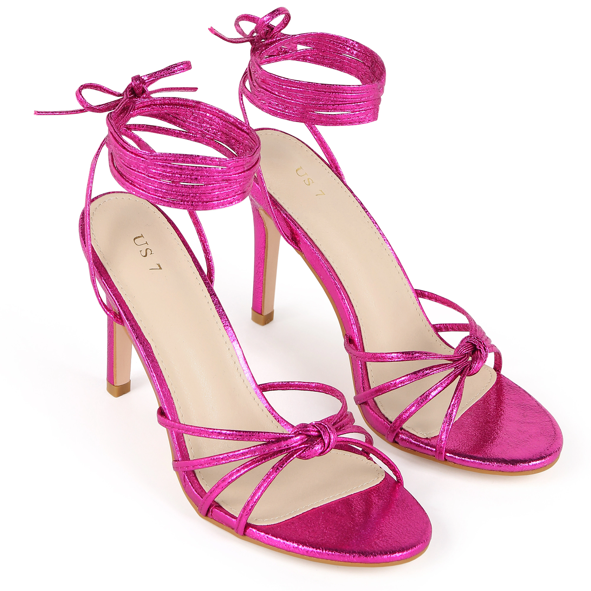 BLISSFUL STEP Women's Metallic Knot Strappy Lace Up Open Toe Stiletto Heel Sandals
