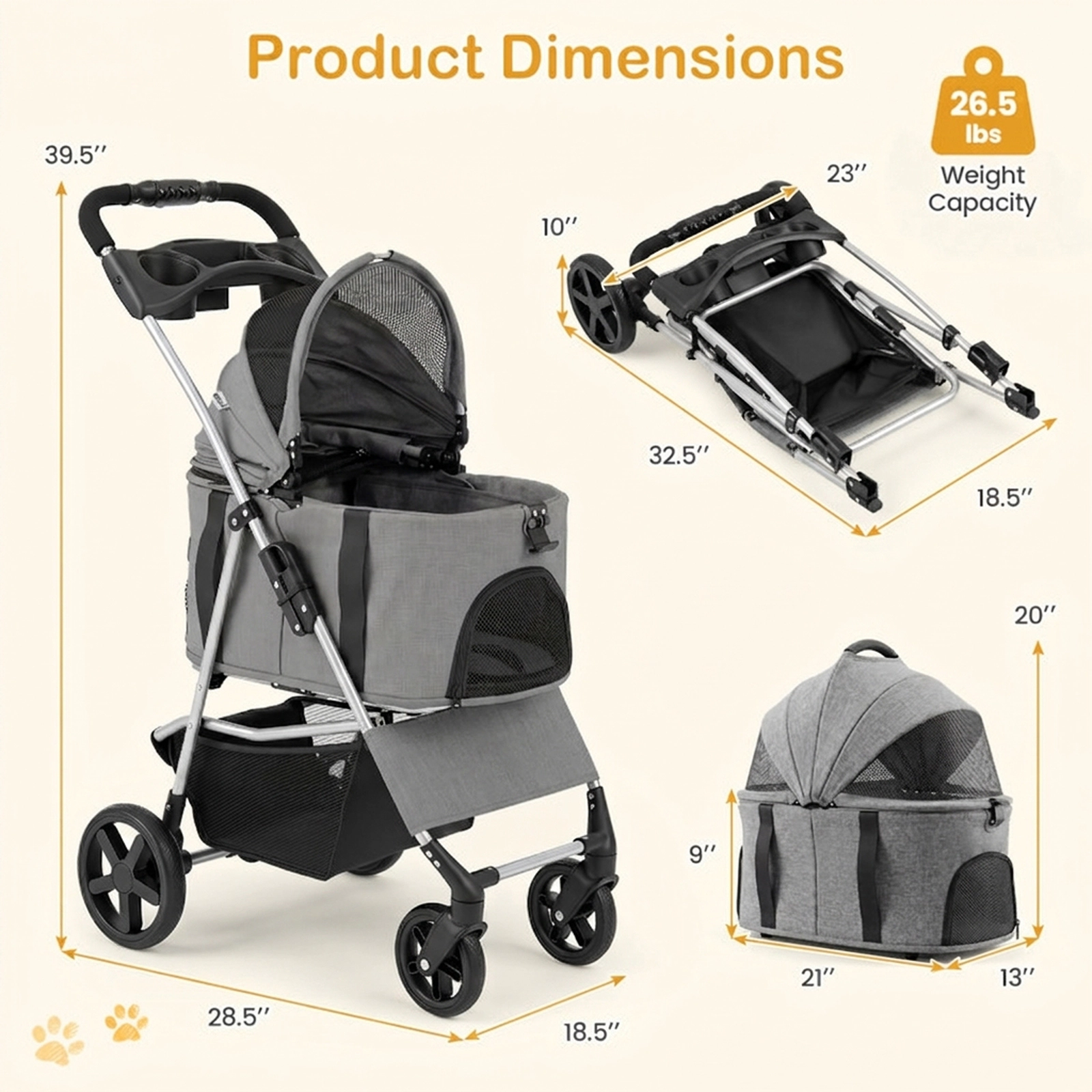 SUGIFT Gray 3-in-1 Pet Stroller with Detachable Carrier 18.5-in W 28.5-in D 39.5-in H 26.5-lb Cart Capacity