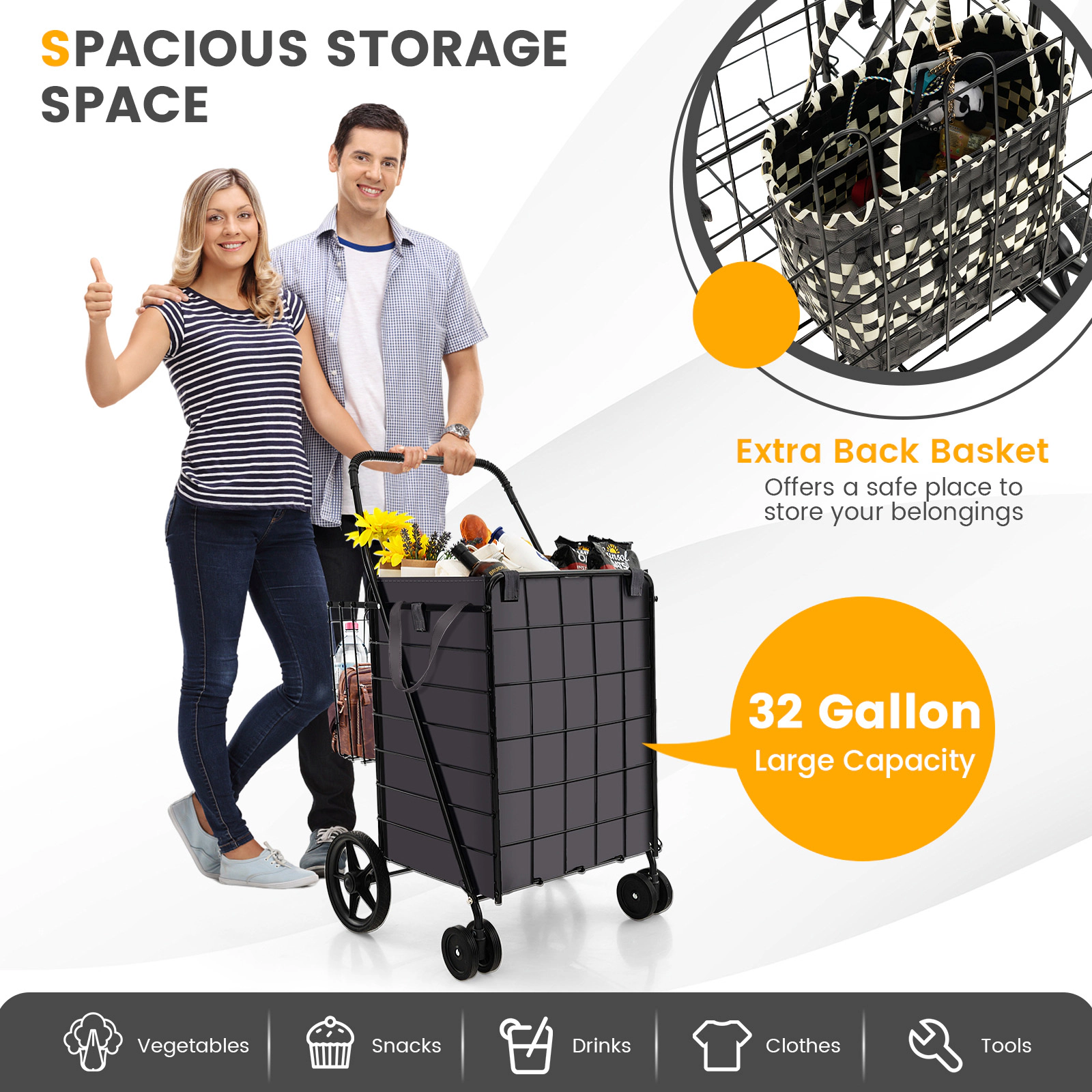 LJG Folding Rolling Shopping Cart with Waterproof Liner and Basket